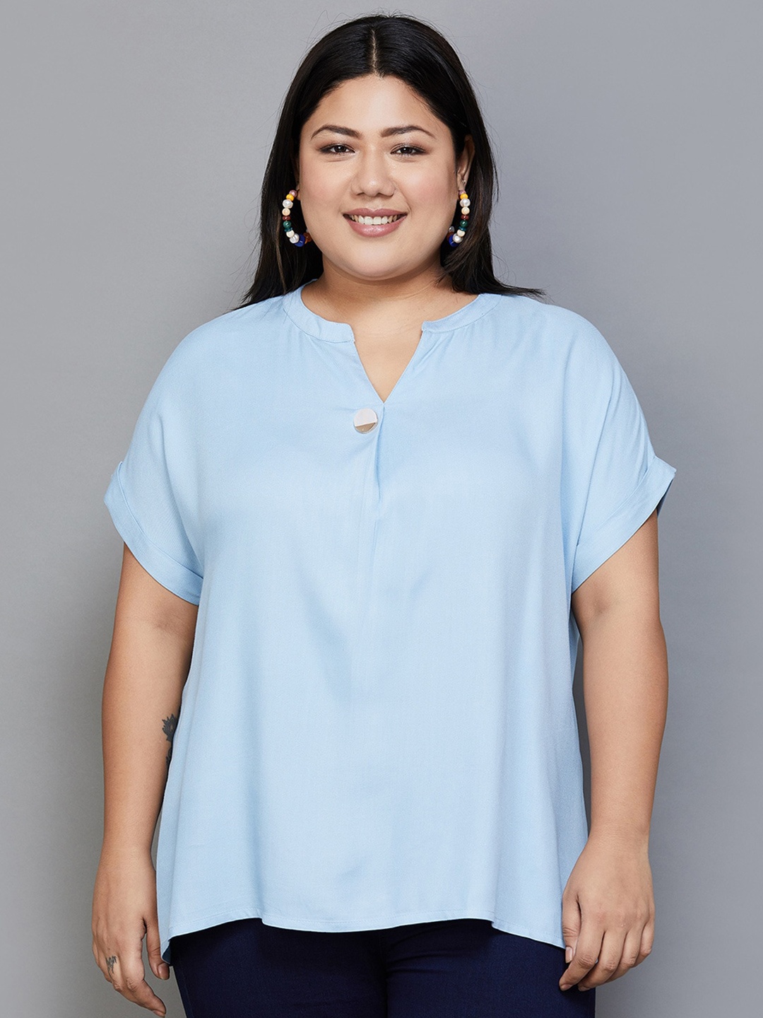 

Nexus by Lifestyle Plus Size Mandarin Collar Extended Sleeves Top, Blue