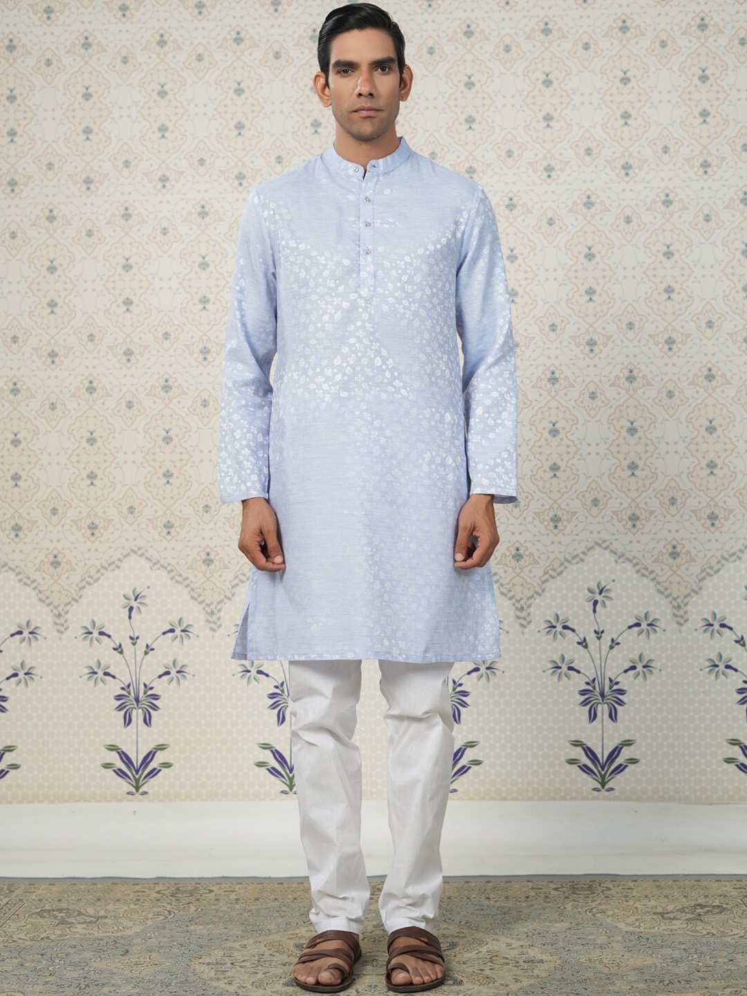 Ode by House of Pataudi Floral Woven Design Mandarin Collar Straight Kurta, Blue