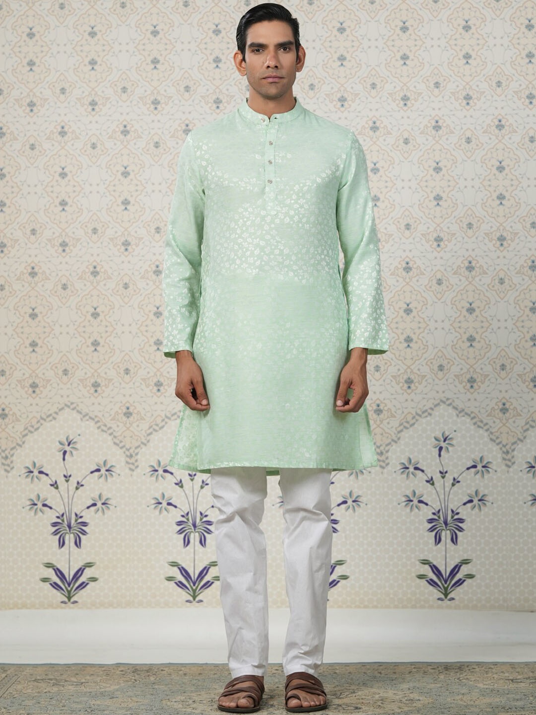 Ode by House of Pataudi Floral Woven Design Mandarin Collar Straight Kurta, Green