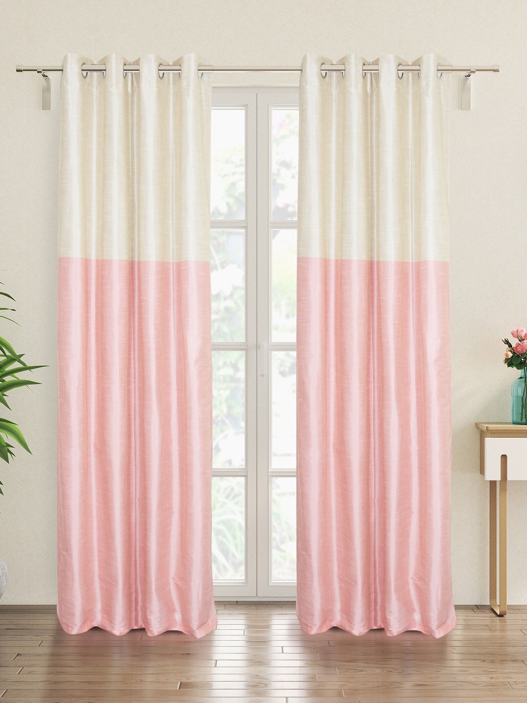 

Home Centre Pink & White 2 Pieces Colourblocked Room Darkening Door Curtains