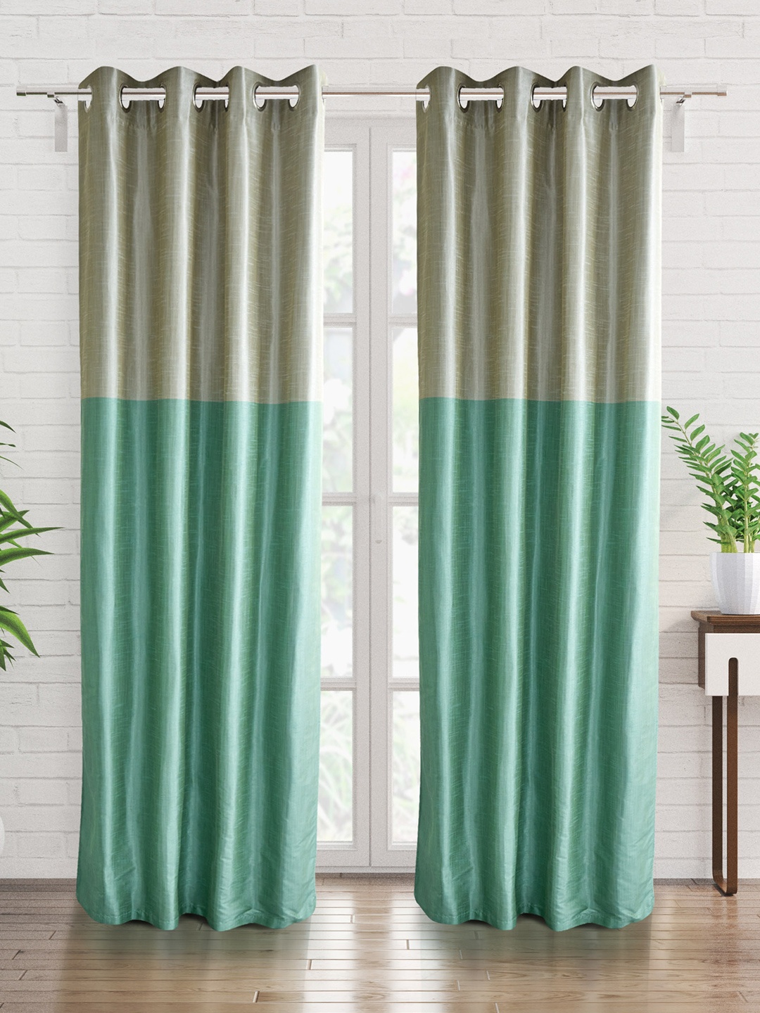 

Home Centre Teal & Green 2 Pieces Colourblocked Room Darkening Door Curtains