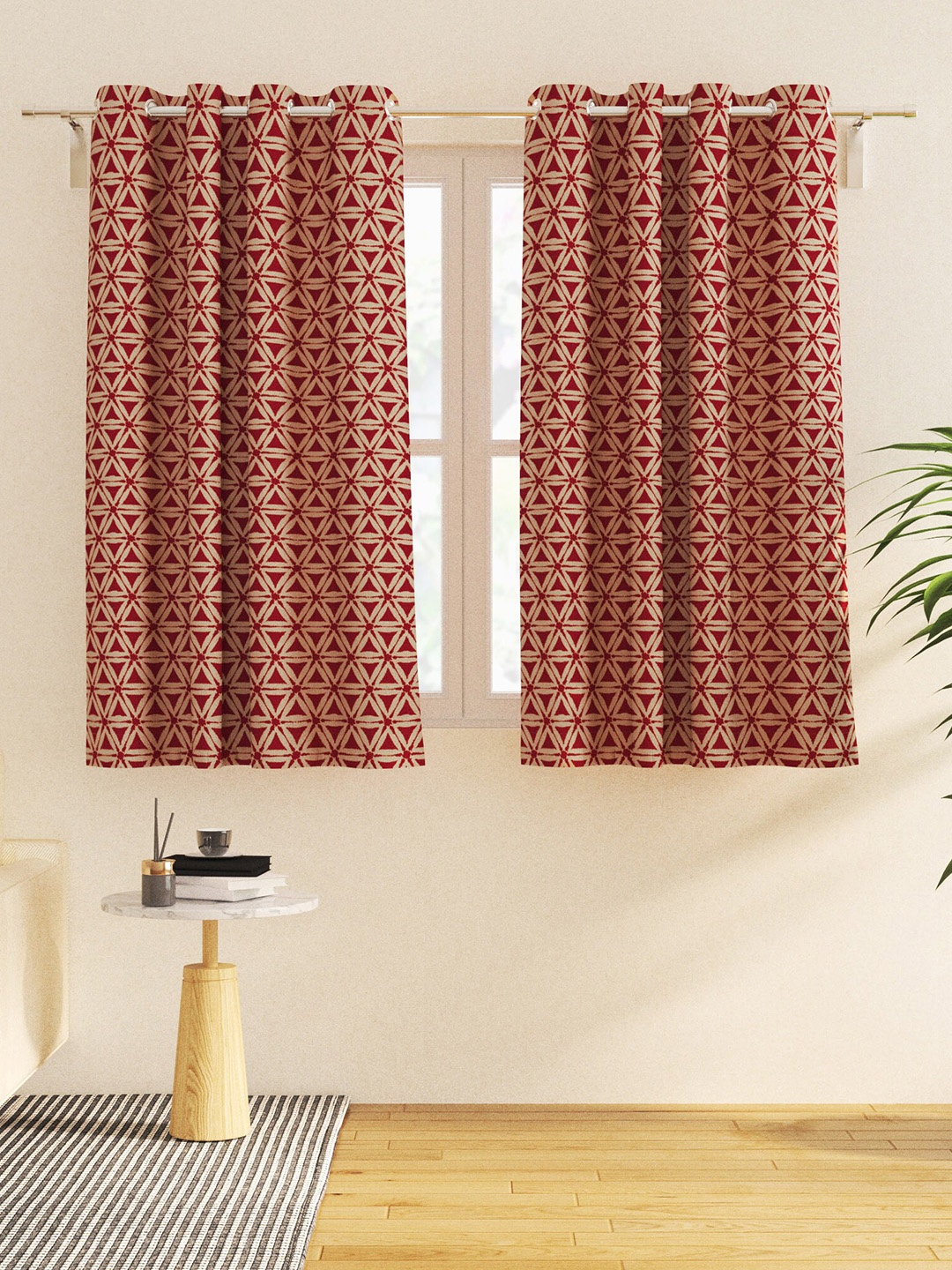 

Home Centre Burgundy & Beige 2 Pieces Geometric Black Out Window Curtains