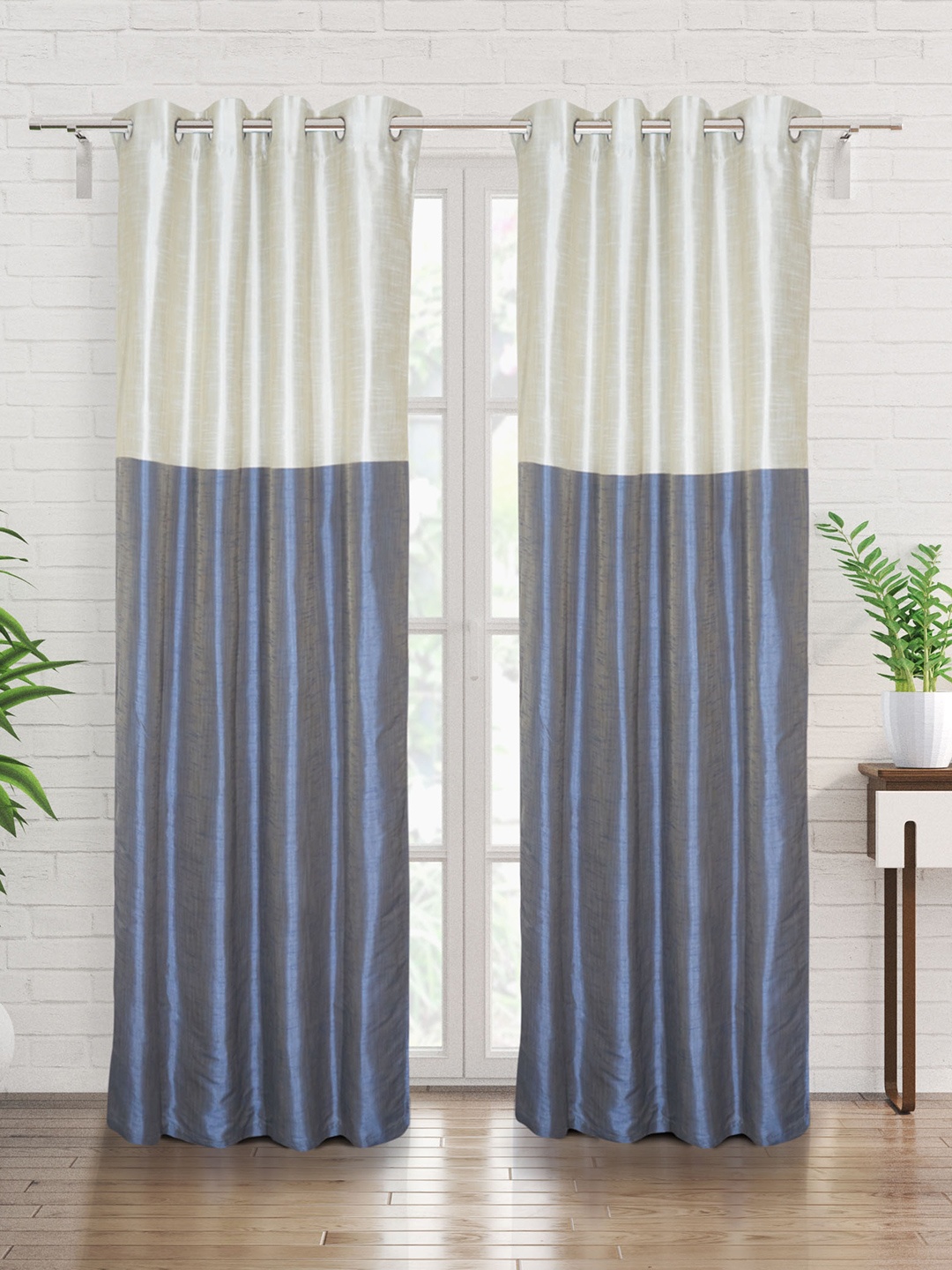 Home Centre Blue & White 2 Pieces Colourblocked Room Darkening Door Curtains