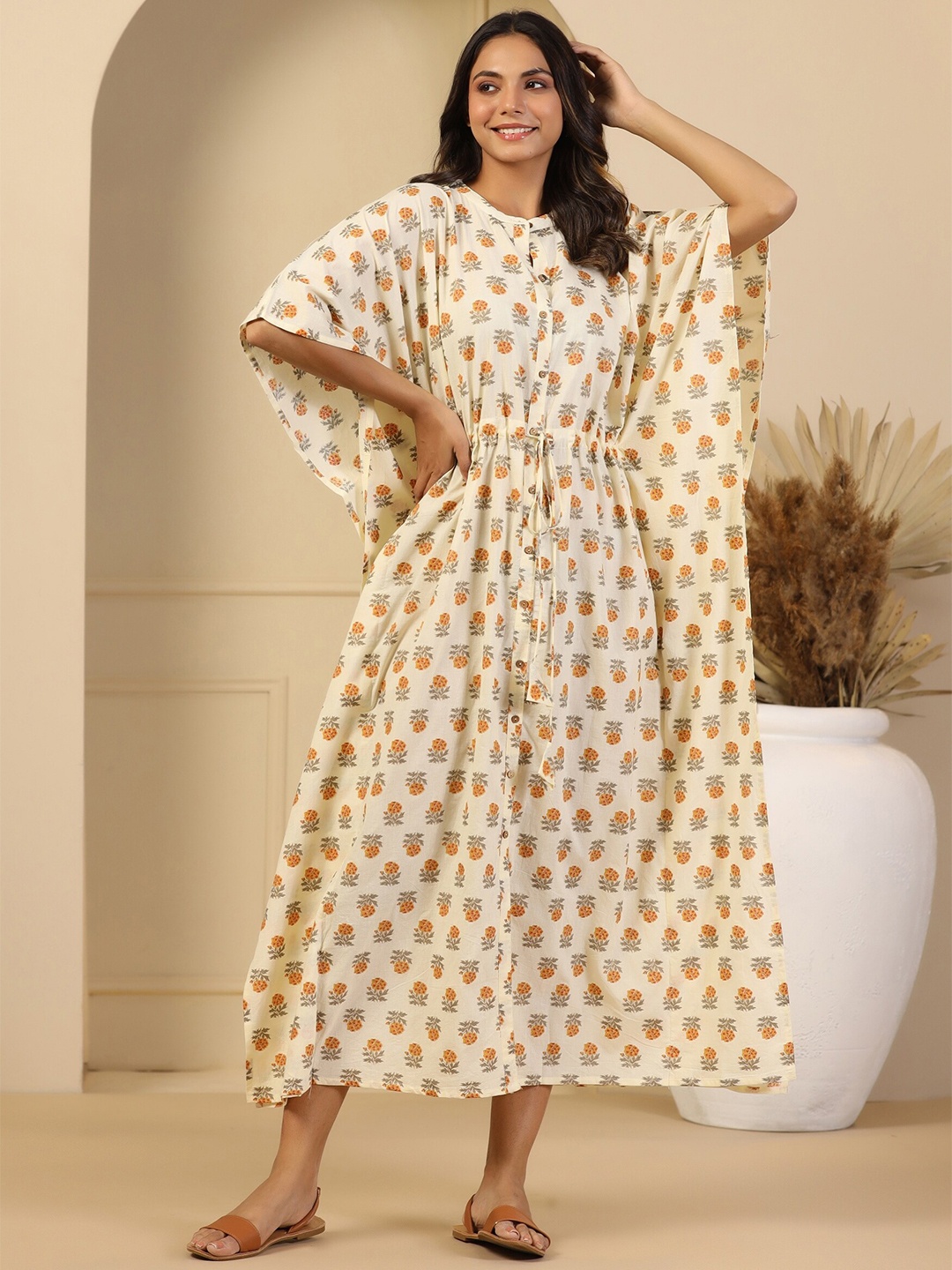 

mirari Floral Printed Cotton kaftan Maxi Dress, Cream
