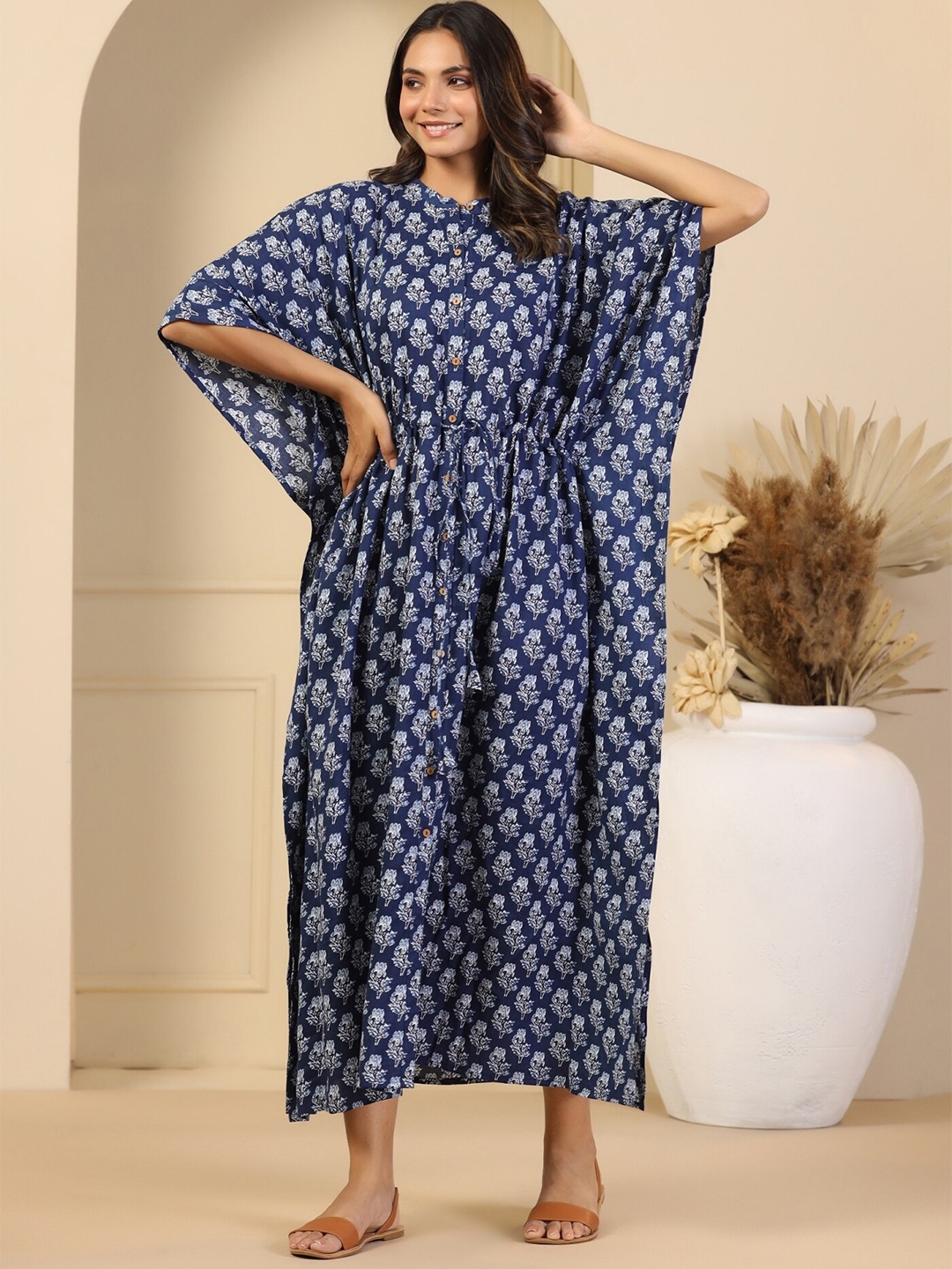 

mirari Ethnic Motifs Printed Cotton kaftan Maxi Dress, Blue