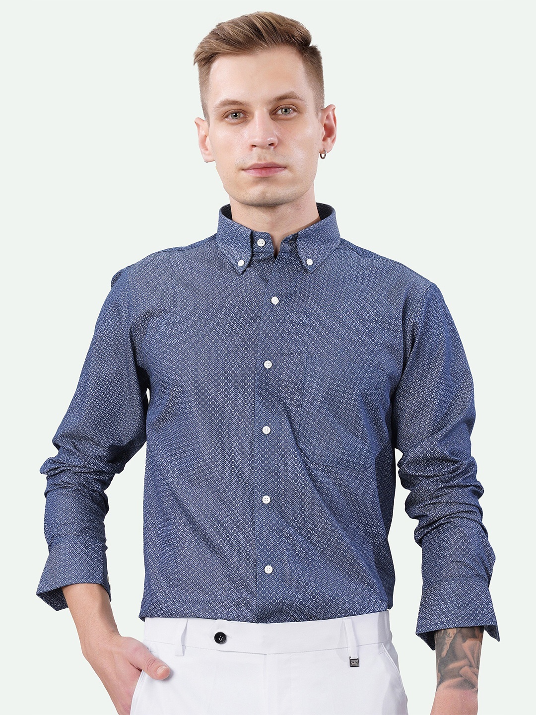 

FRENCH CROWN Standard Micro Ditsy Button-Down Collar Long Sleeve Cotton Casual Shirt, Blue