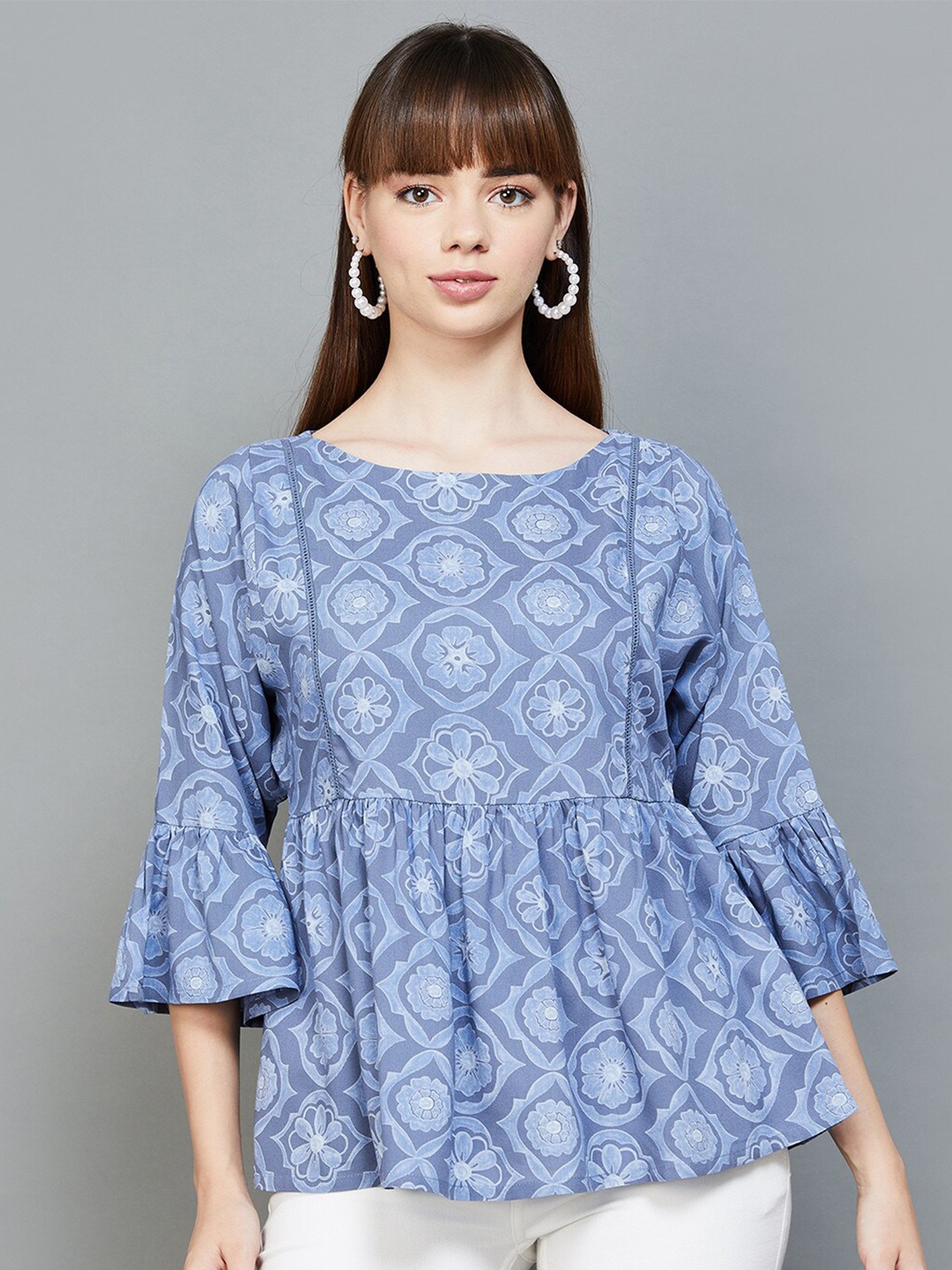 

Colour Me by Melange Ethnic Motifs Printed Bell Sleeves Gathered A-Line Top, Blue