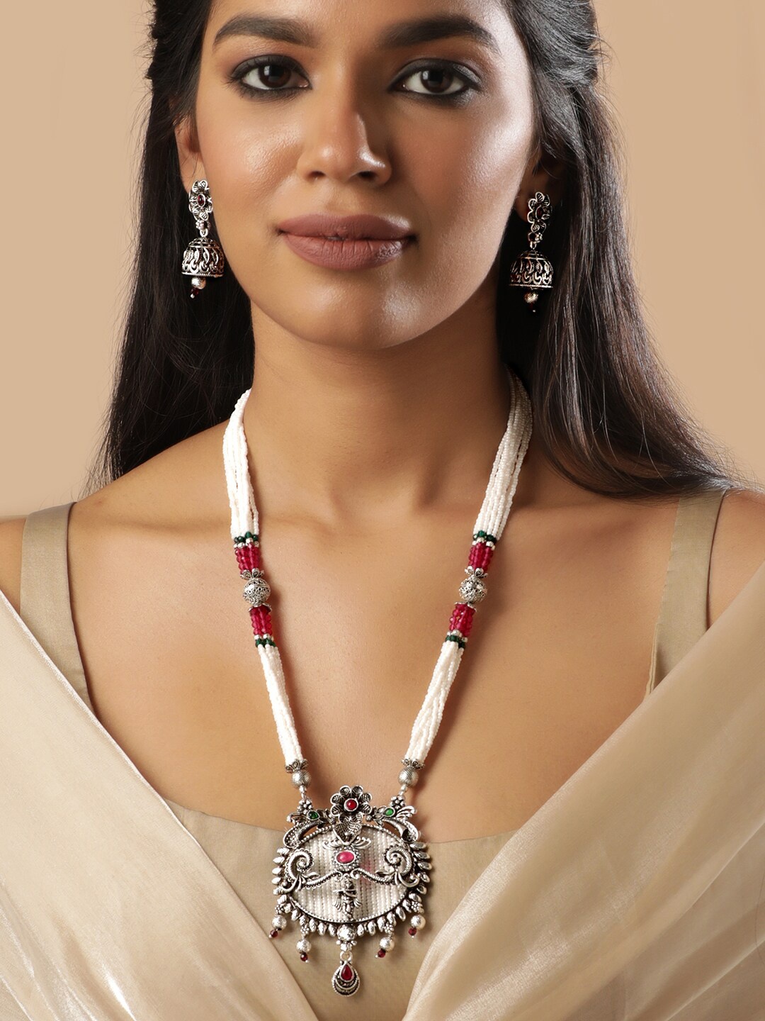

Rubans Silver-Plated White Beaded Jewellery Set