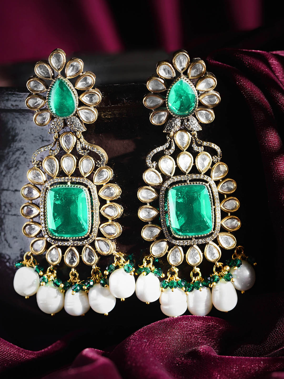 

Rubans Gold-Plated Kundan & Stones Geometric Drop Earrings