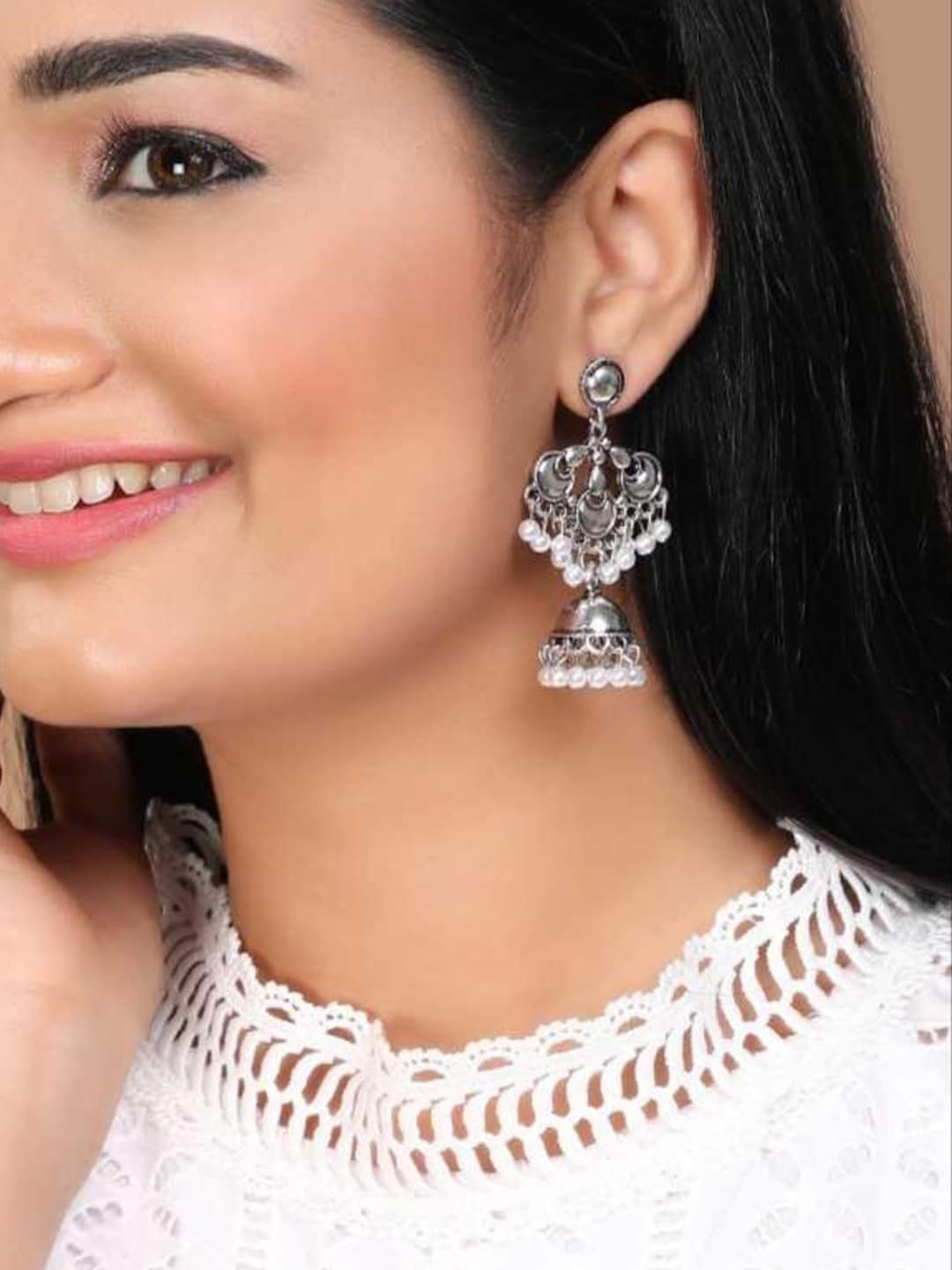 

Rubans Silver-Plated Beaded Dome-Shaped Jhumkas