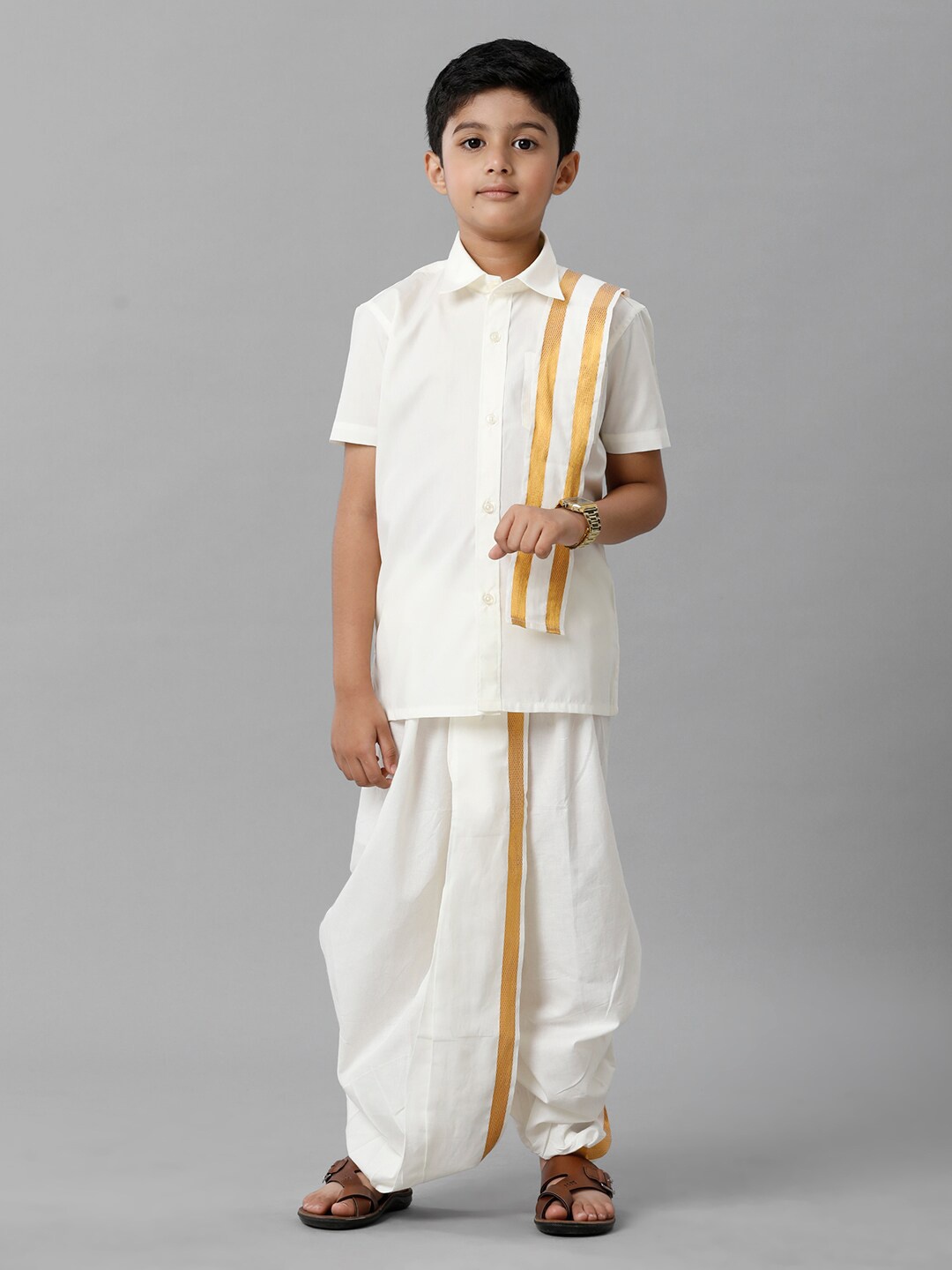 

Ramraj Boys Pure Cotton Shirt With Dhoti Pants & Angavastram, White