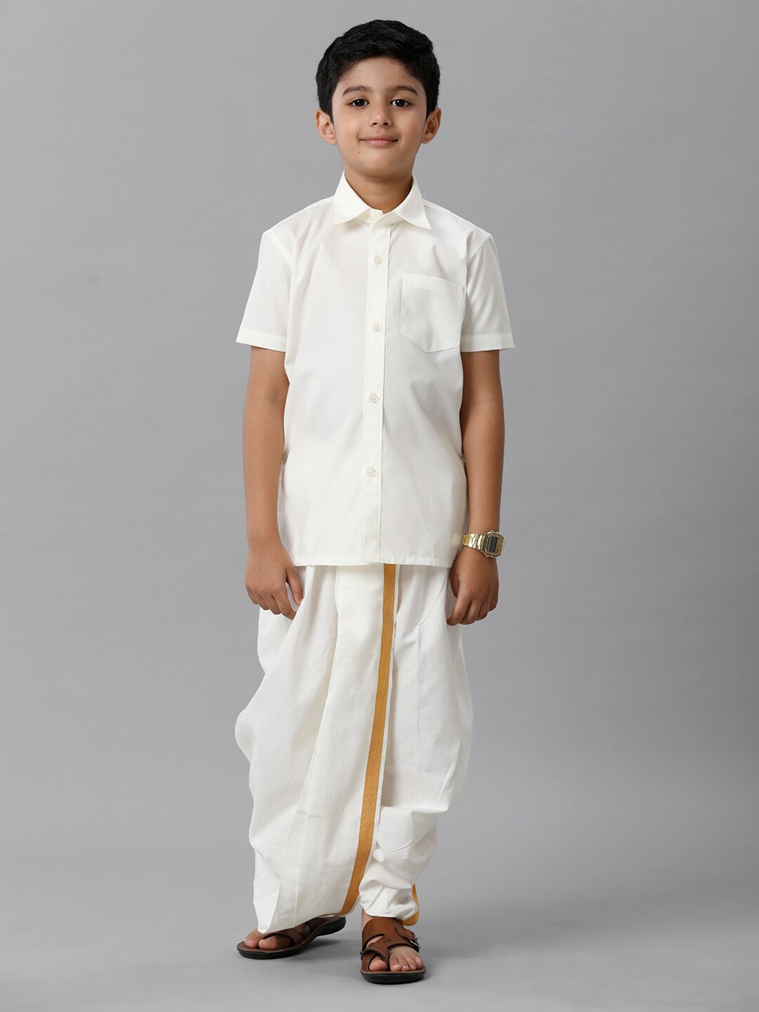 

Ramraj Boys Spread Collar Shirt with Dhoti Pants, Off white