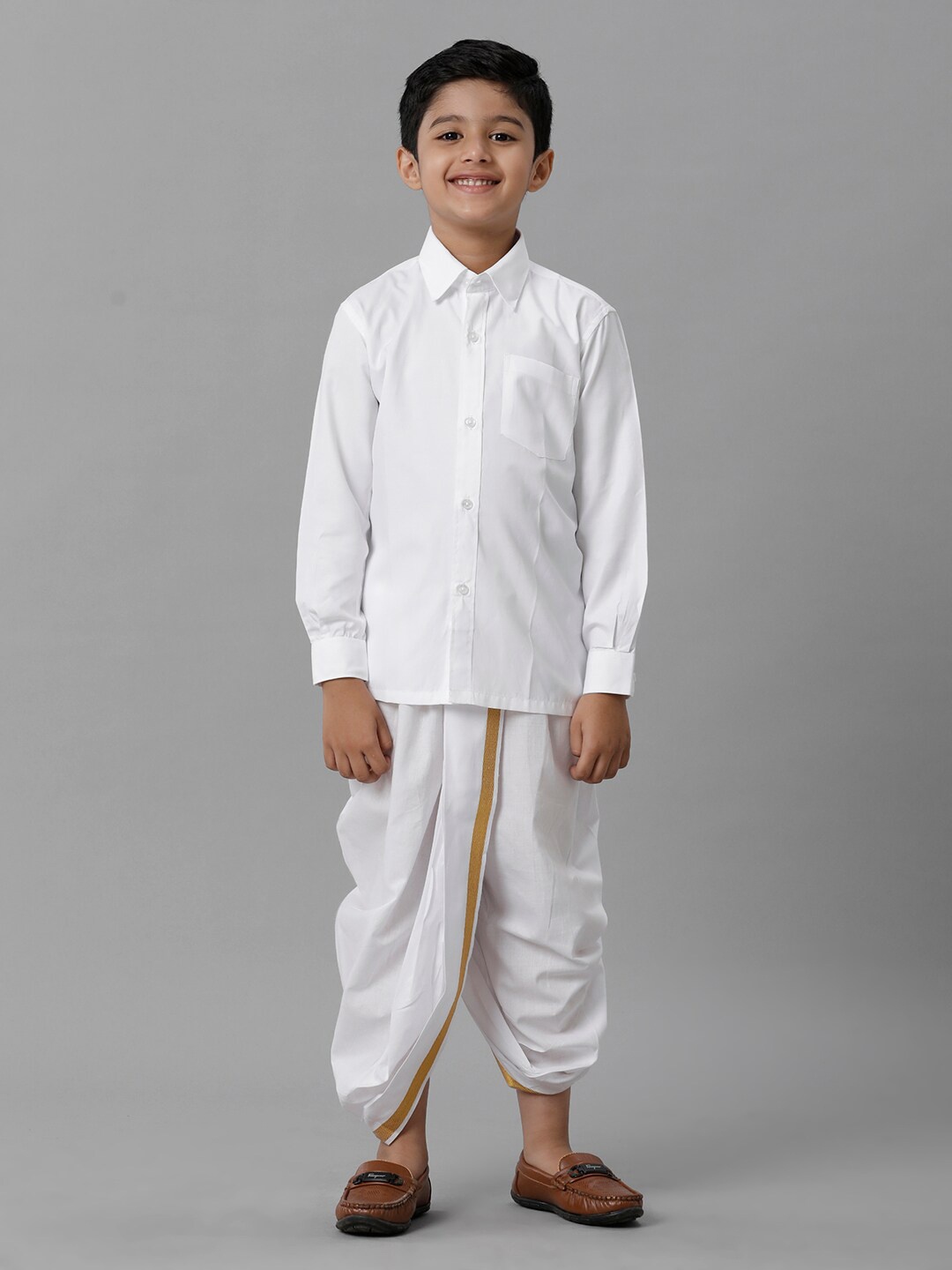 

Ramraj Boys Spread Collar Shirt with Panchakacham, White