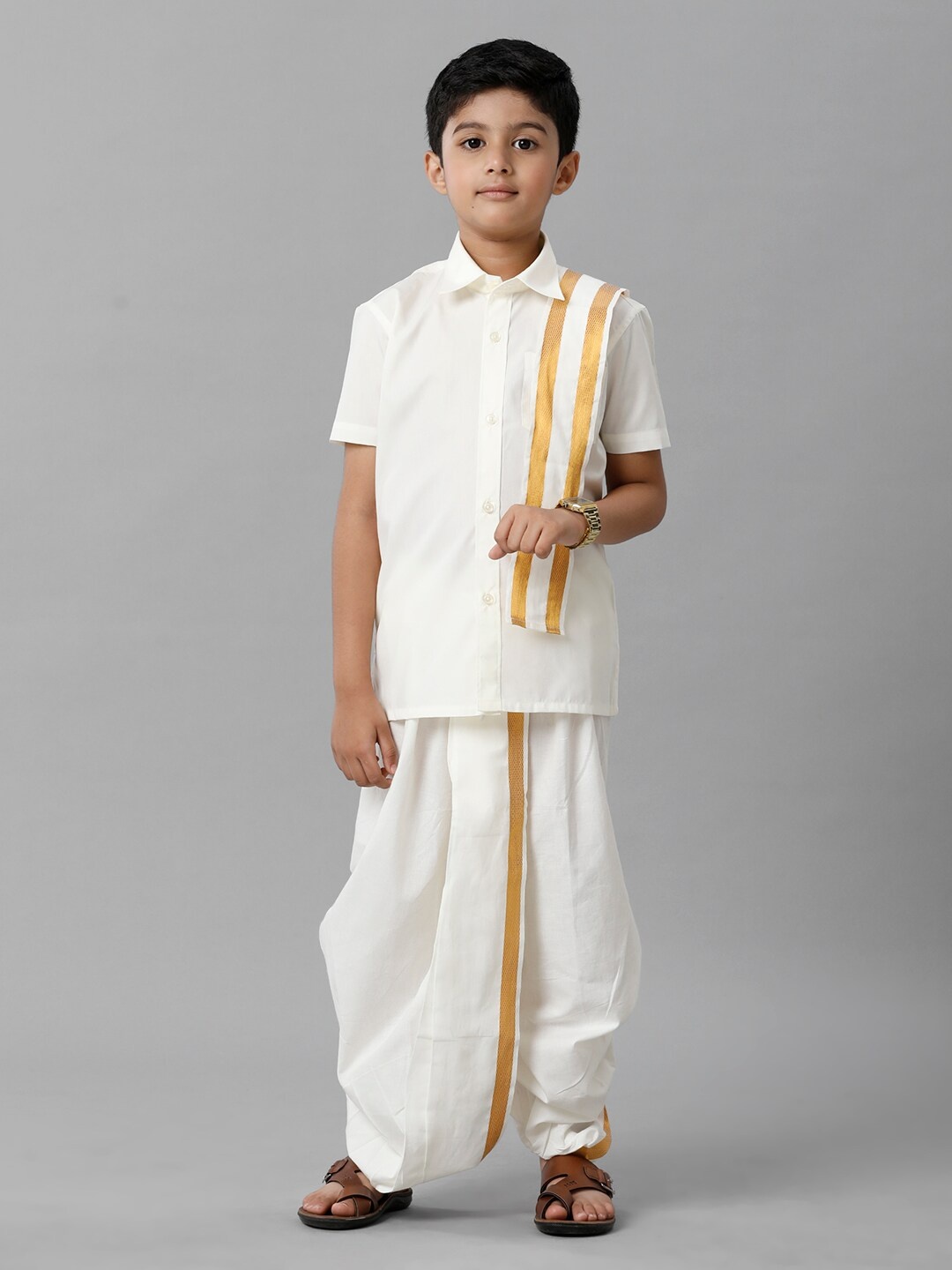 

Ramraj Boys Shirt With Dhoti Pants With Angavastram, Cream