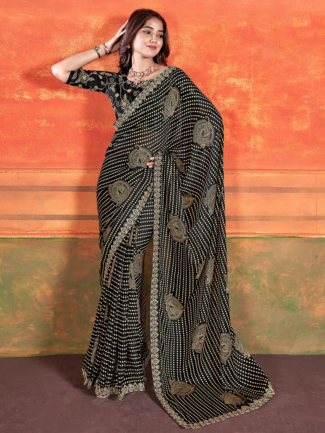 

Saree mall Bandhani Printed Embroidered Pure Chiffon Bandhani Sarees, Black