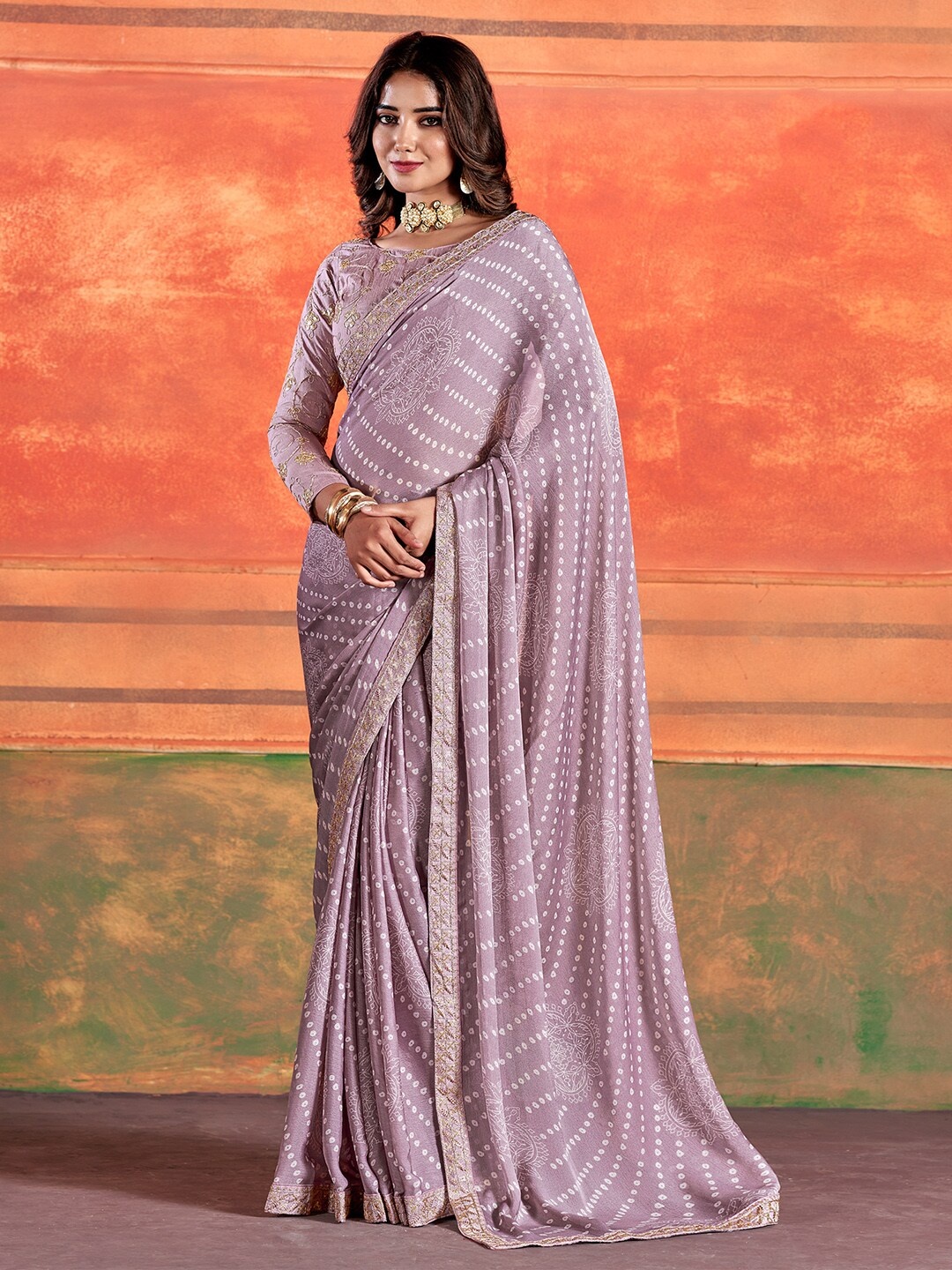 

Saree mall Lavender Printed Embroidered Poly Chiffon Bandhani Sarees