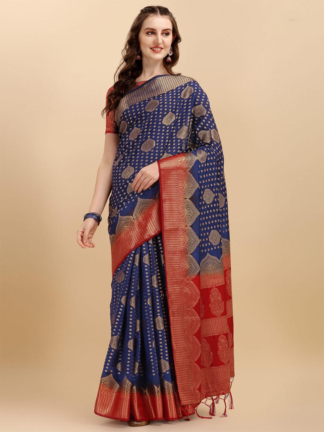 

ALAGINI Ethnic Motifs Woven Design Zari Banarasi Saree, Navy blue