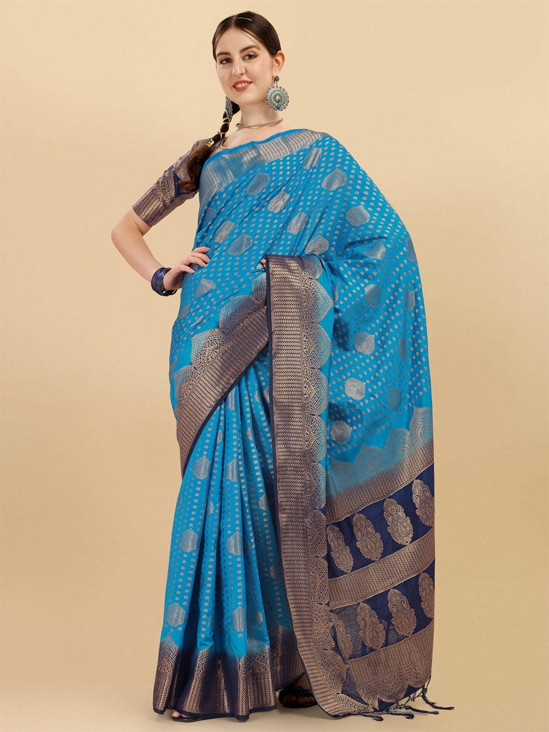 

ALAGINI Ethnic Motifs Woven Design Zari Banarasi Saree, Turquoise blue