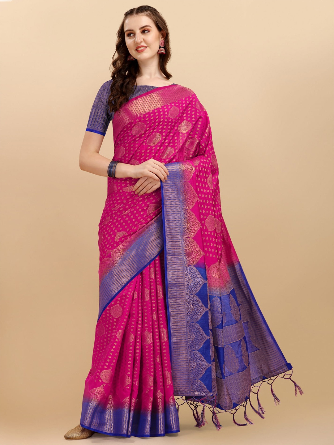 

ALAGINI Ethnic Motifs Woven Design Zari Banarasi Saree, Pink