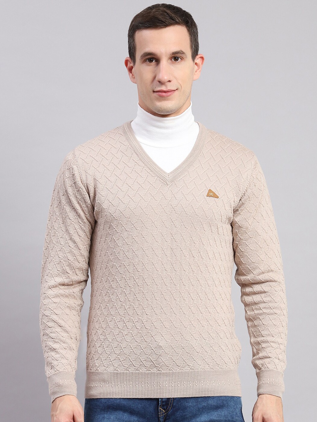 

Monte Carlo V- Neck Cable Knit Self Design Pure Woollen Pullover, Beige