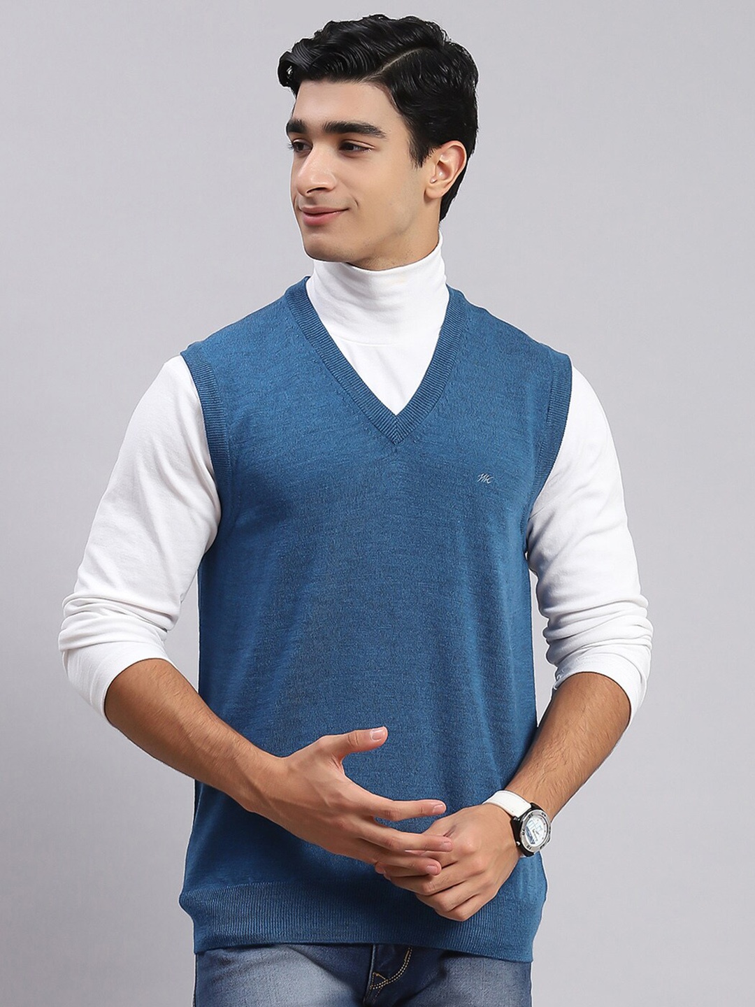 

Monte Carlo Men V-Neck Woollen Sweater Vest, Blue