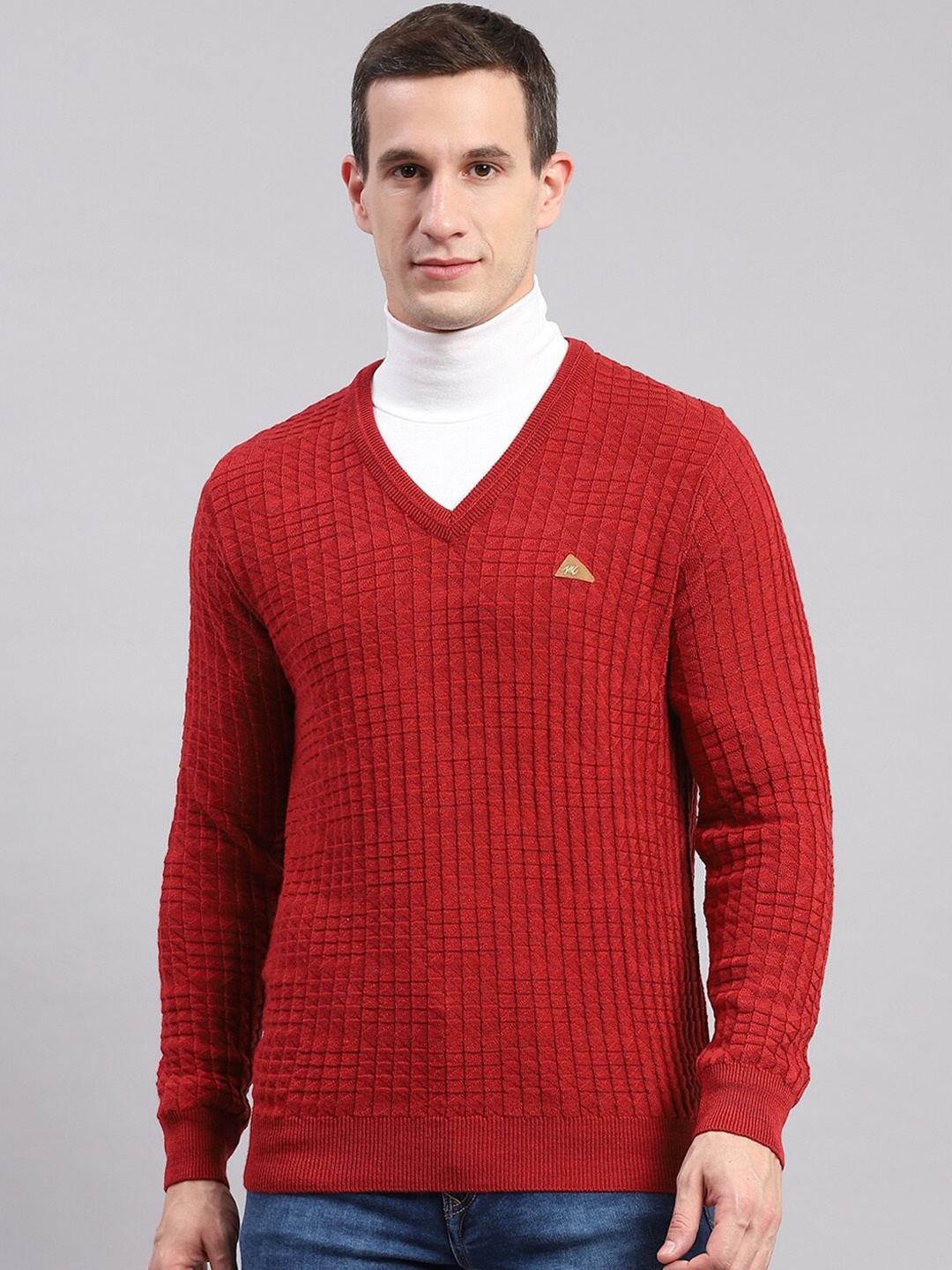 

Monte Carlo Cable Knit V-Neck Woollen Pullover, Red
