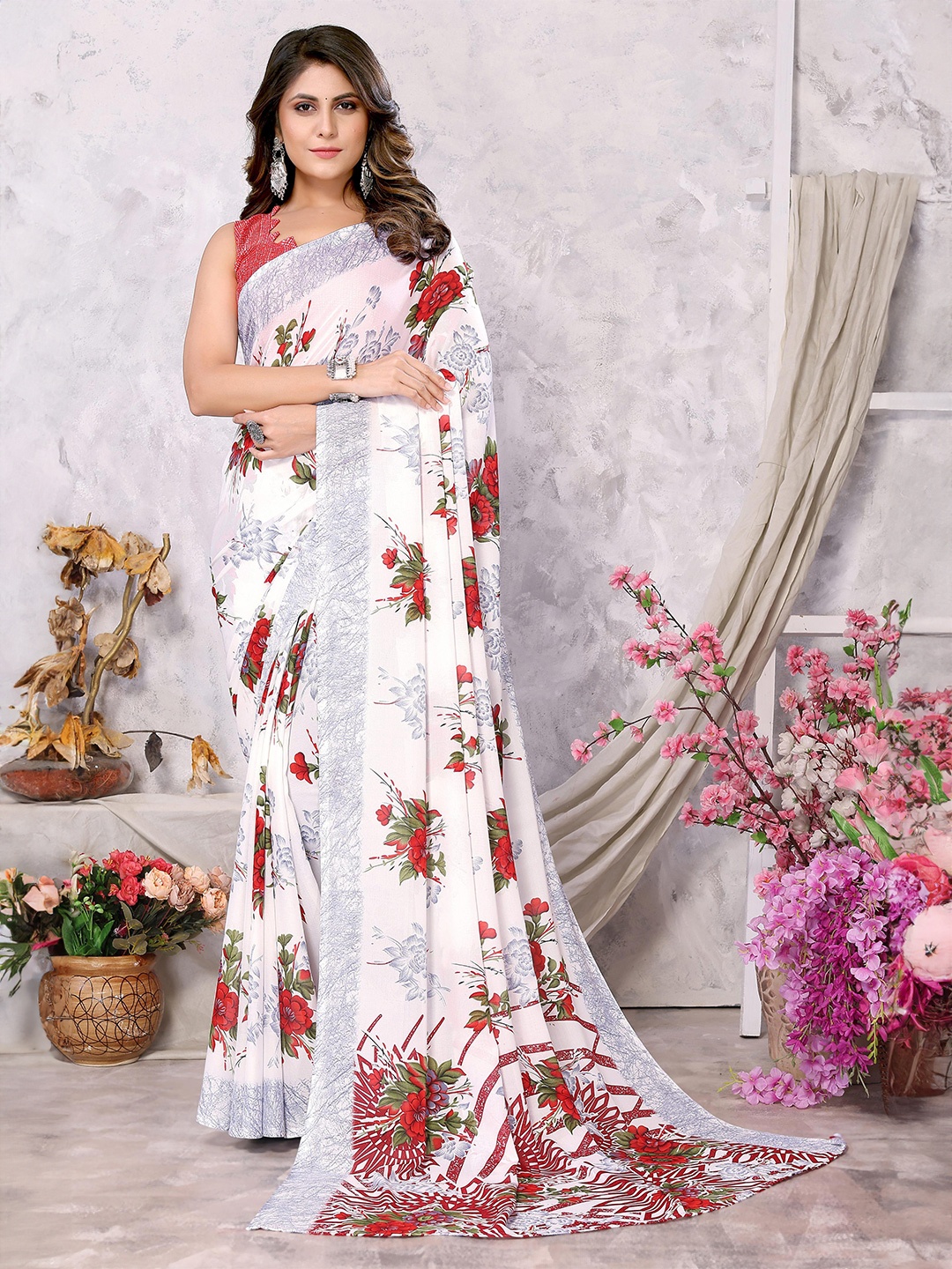 

KALINI Floral Printed Saree, Red