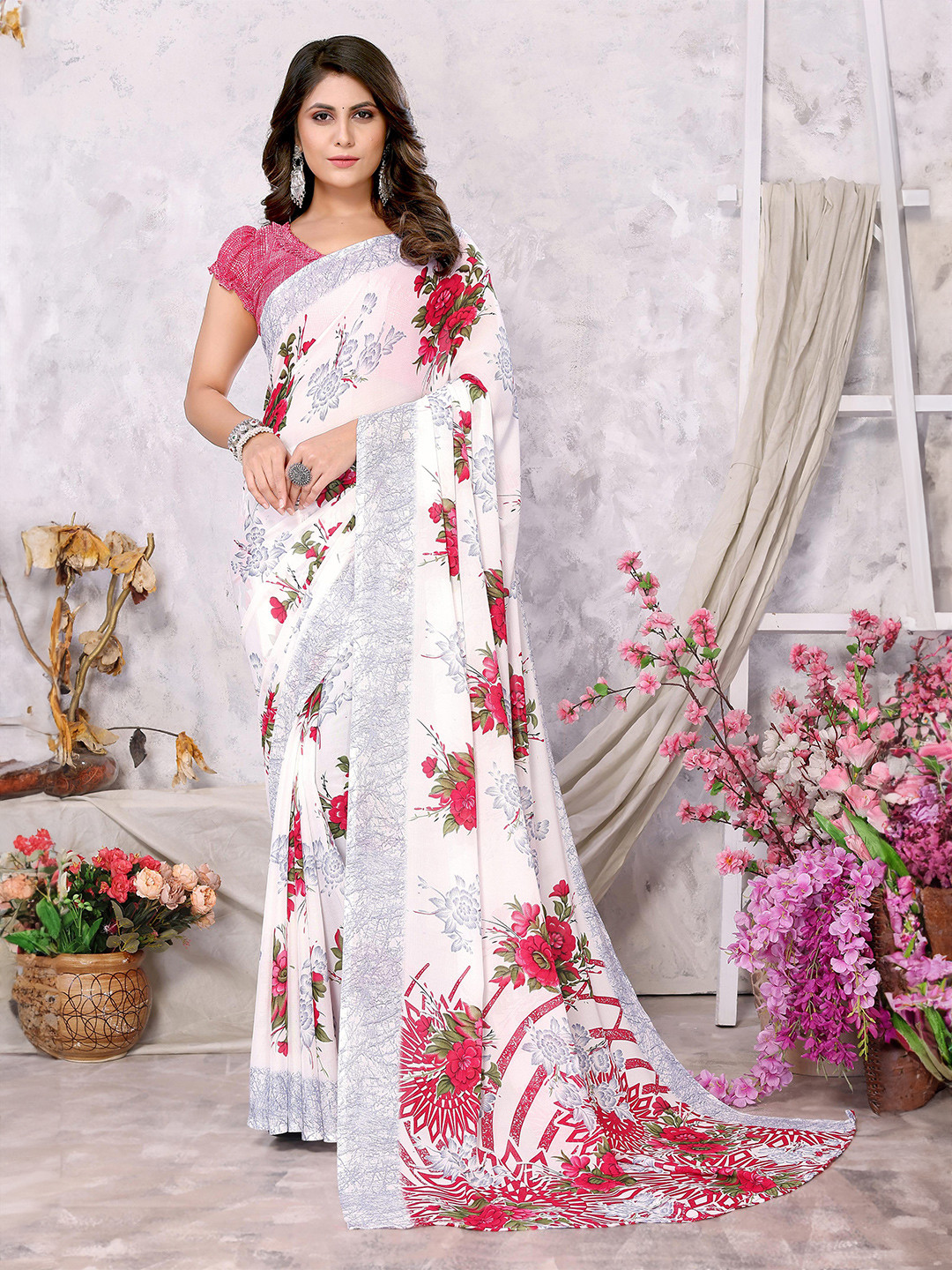 

KALINI Floral Printed Saree, Pink