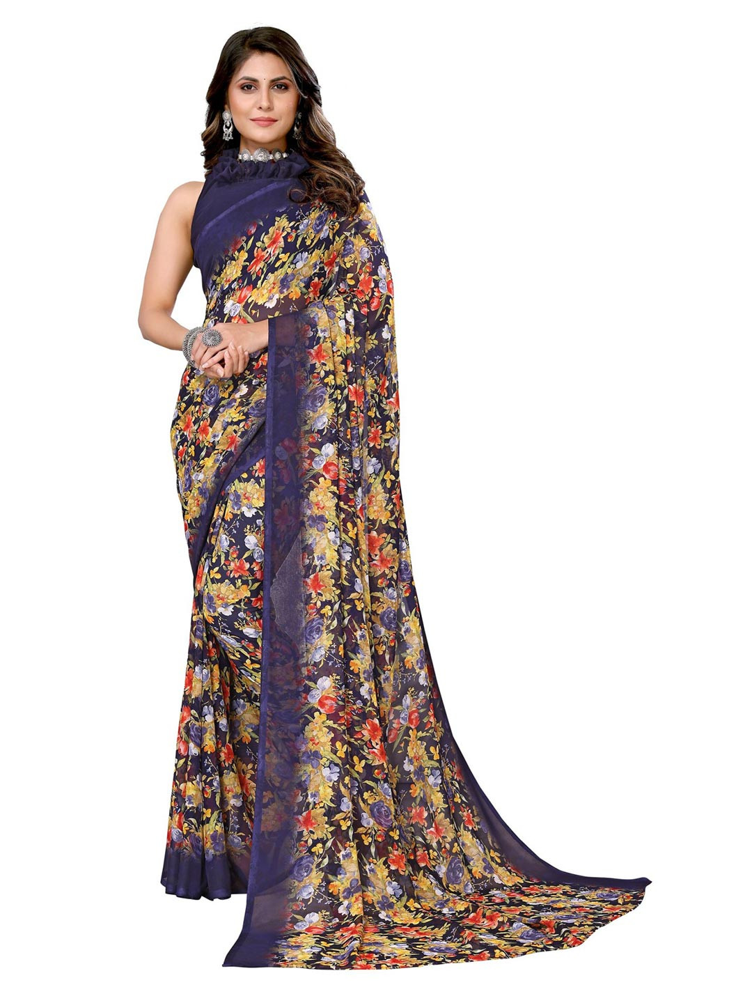 

KALINI Floral Printed Poly Georgette Saree, Navy blue