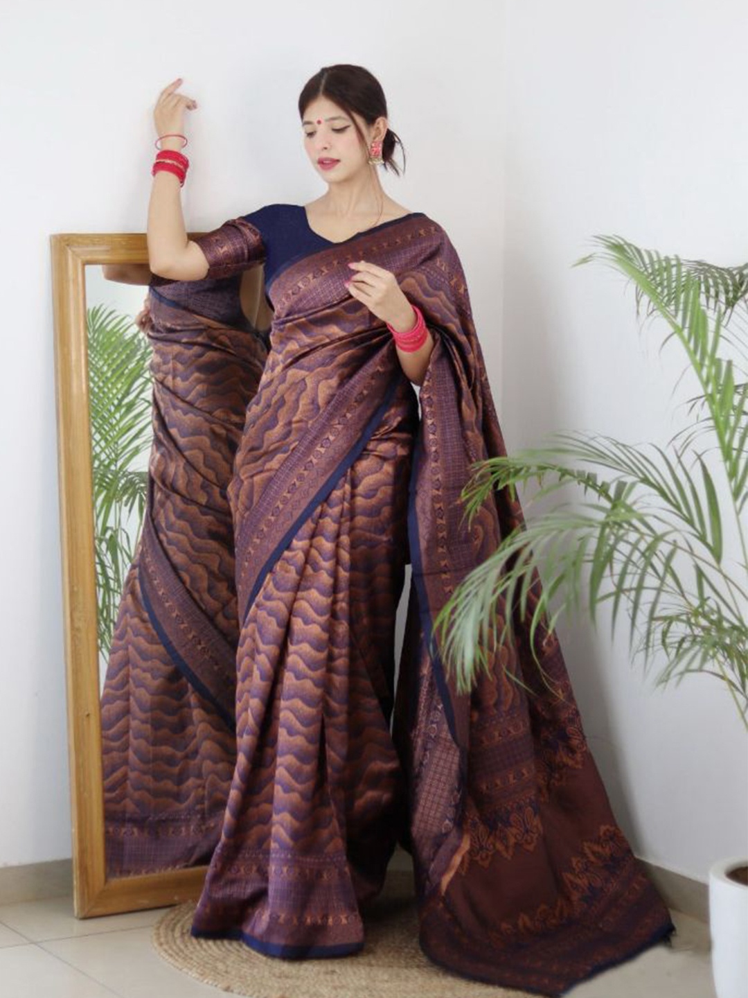 

KALINI Ethnic Motif Woven Design Zari Kanjeevaram Saree, Navy blue