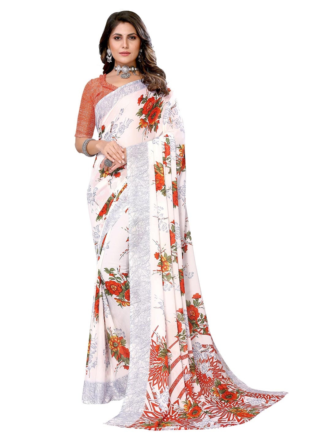 

KALINI Ethnic Motifs Printed Poly Georgette Saree, Orange