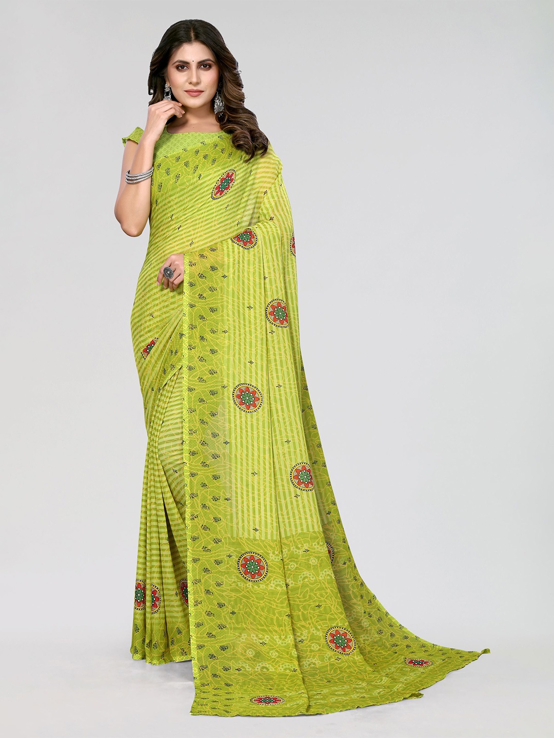 KALINI Ethnic Motifs Poly Georgette Saree, Sea green