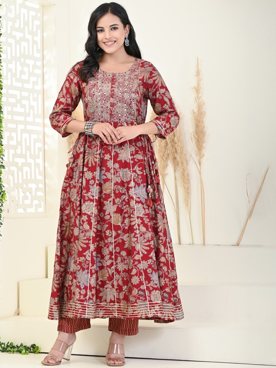 

Swasti Floral Printed Gotta Patti Anarkali Pure Cotton Kurta with Trousers, Maroon