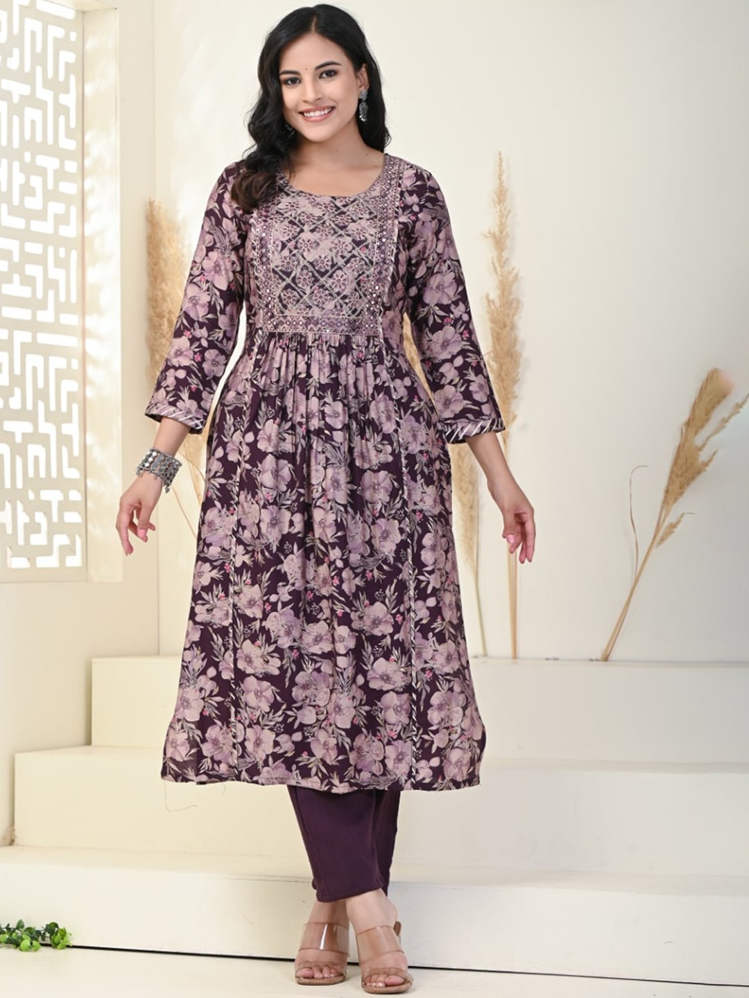 

Swasti Floral Printed Pleated Mirror Work Pure Cotton Kurta With Trousers, Purple
