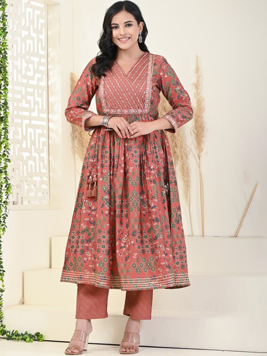 

Swasti Floral Printed Empire Mirror Work Pure Cotton Kurta With Trousers, Rust