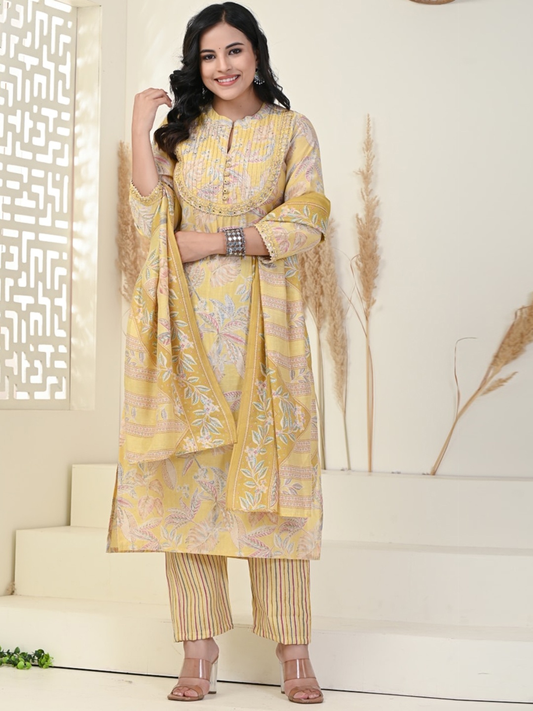 

Swasti Floral Printed Regular Mirror Work Pure Cotton Kurta with Trousers & Dupatta, Yellow