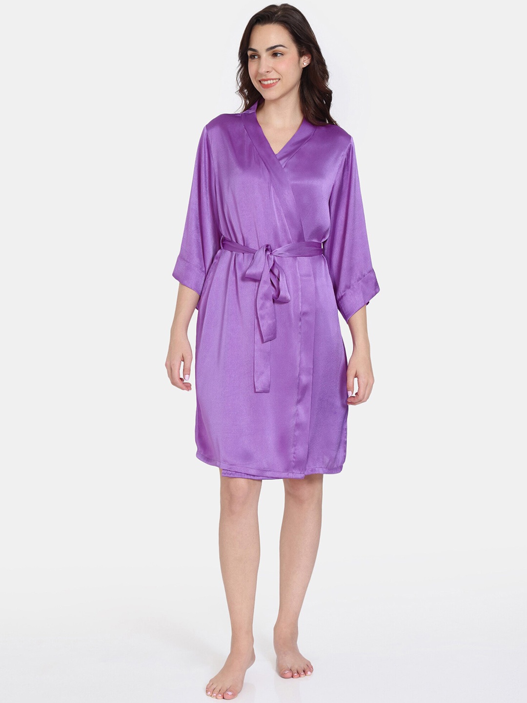 

Zivame Women V-Neck Robe With Fabric Belt, Purple