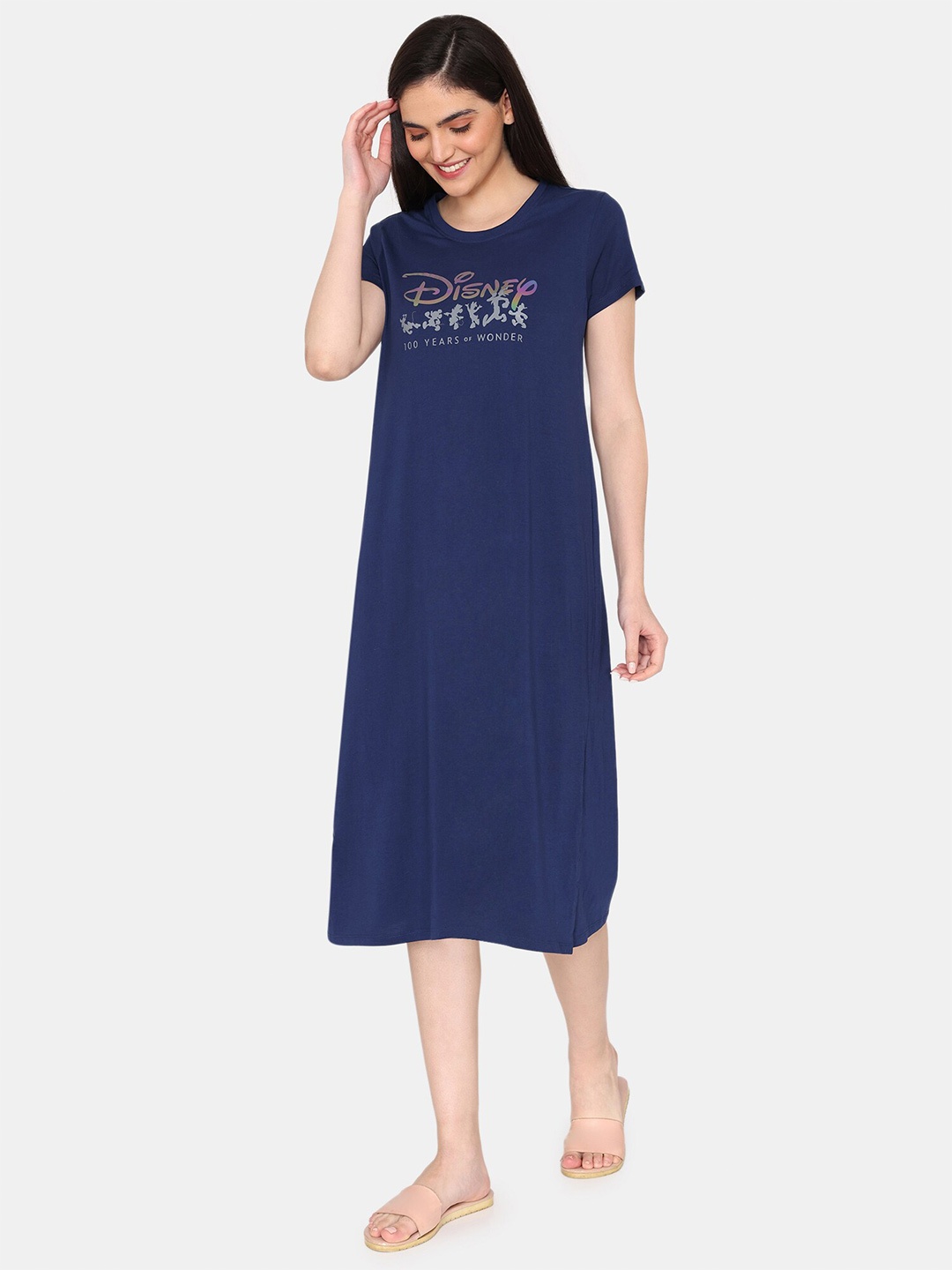 

Zivame Typography Printed Midi T-shirt Nightdress, Blue