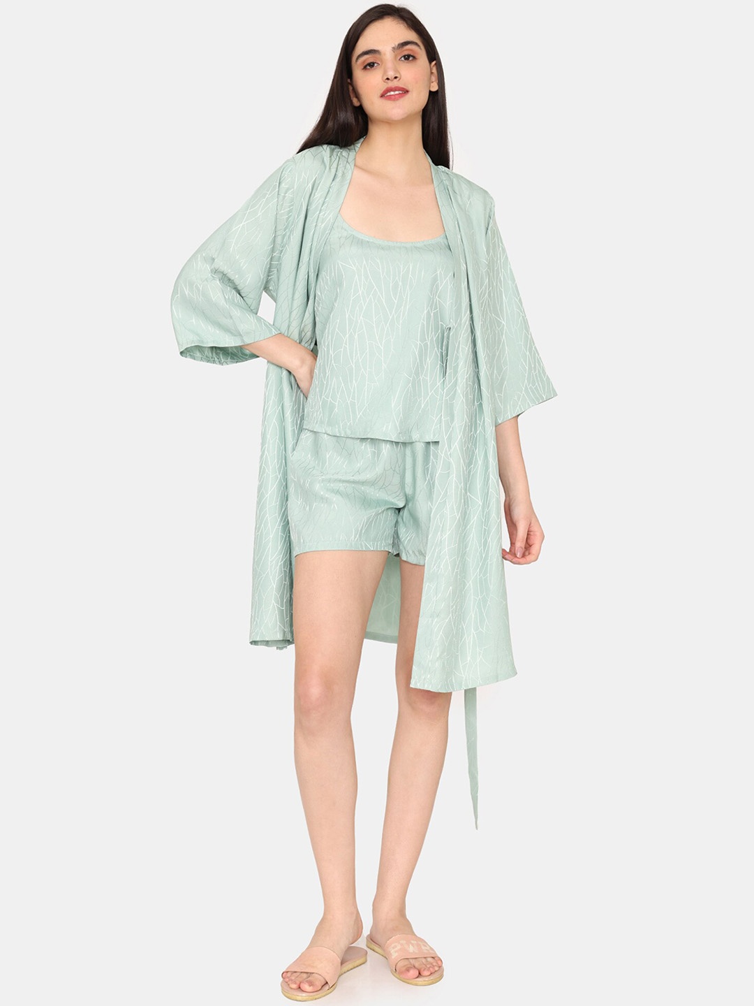 Zivame Women Printed Lace Kimono Robe, Green