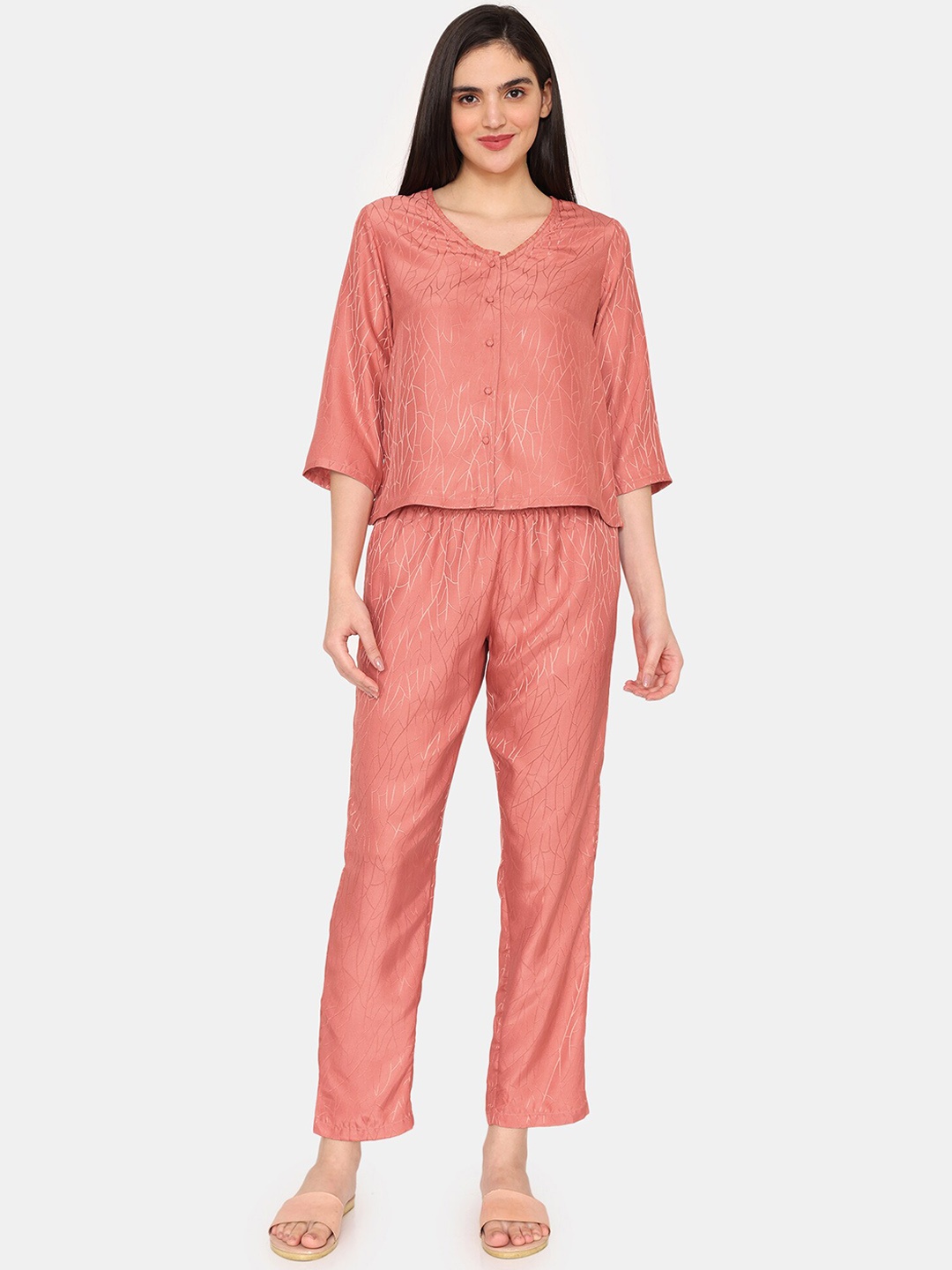 Zivame Abstract Printed V-Neck Night suit, Brown