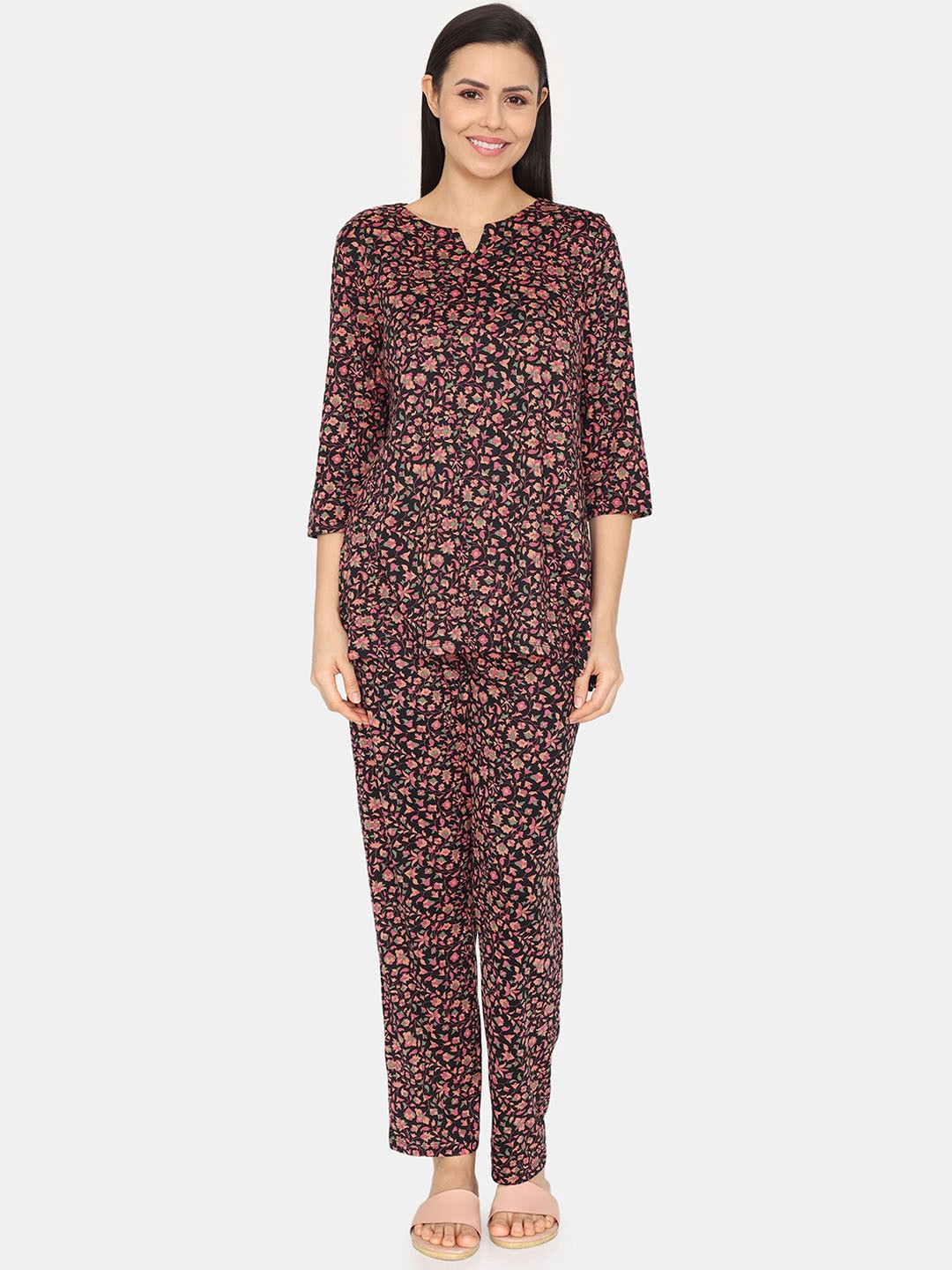 

Zivame Floral Printed Night suit, Black