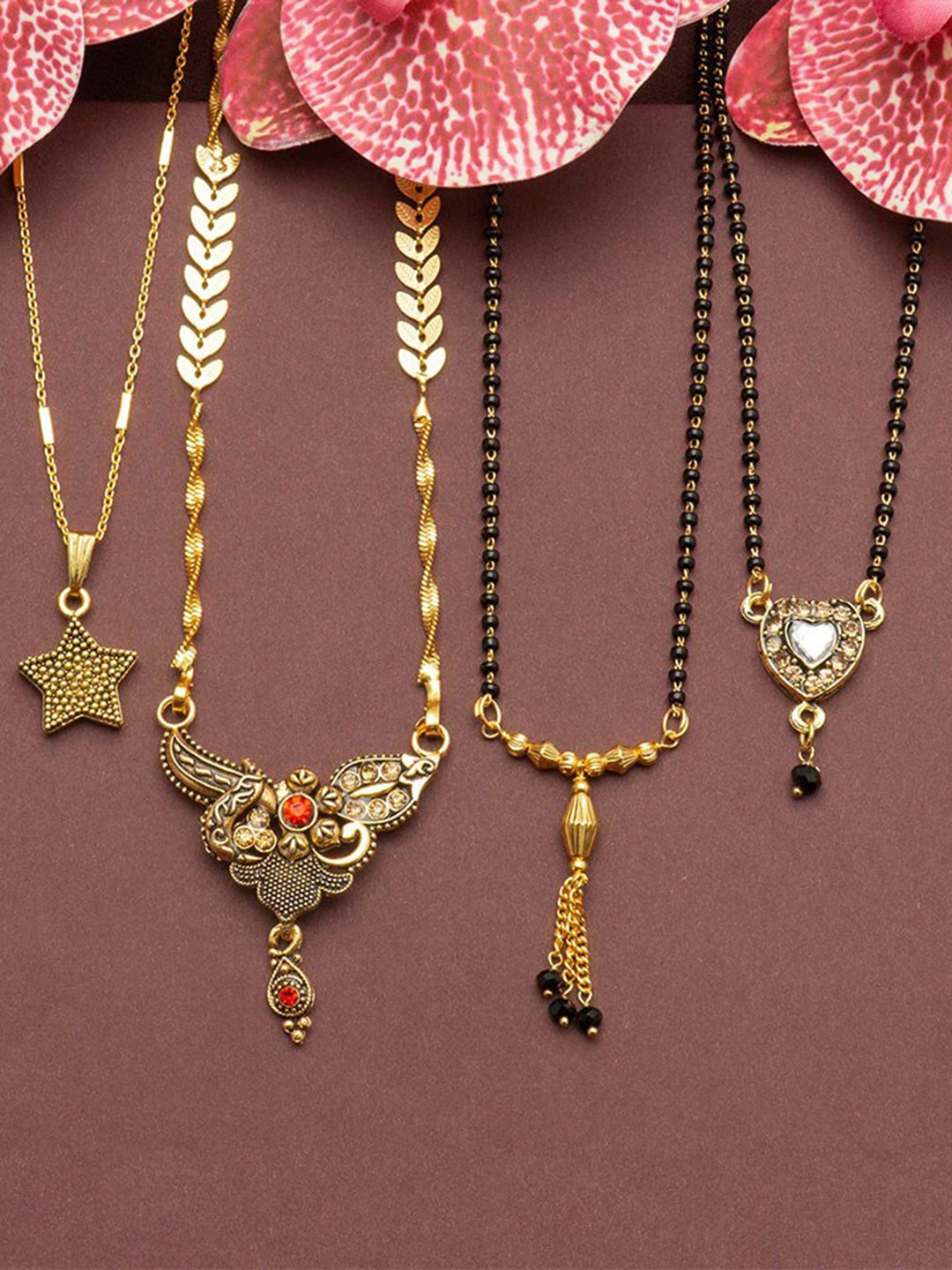 

Ramdev Art Fashion Jwellery Set Of 4 Gold-Plated Stone-Studded & Beaded Mangalsutras