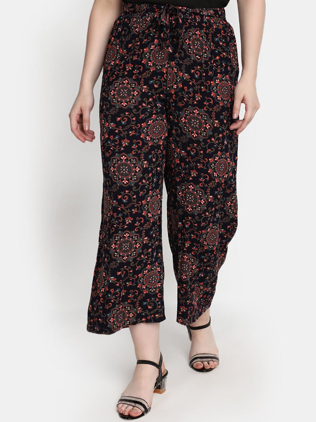 

V-Mart Women Floral Printed Parallel Trousers, Navy blue