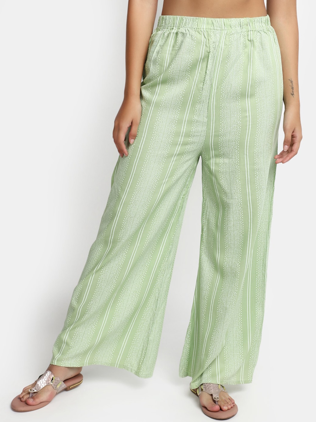 

V-Mart Women Striped Trousers, Green