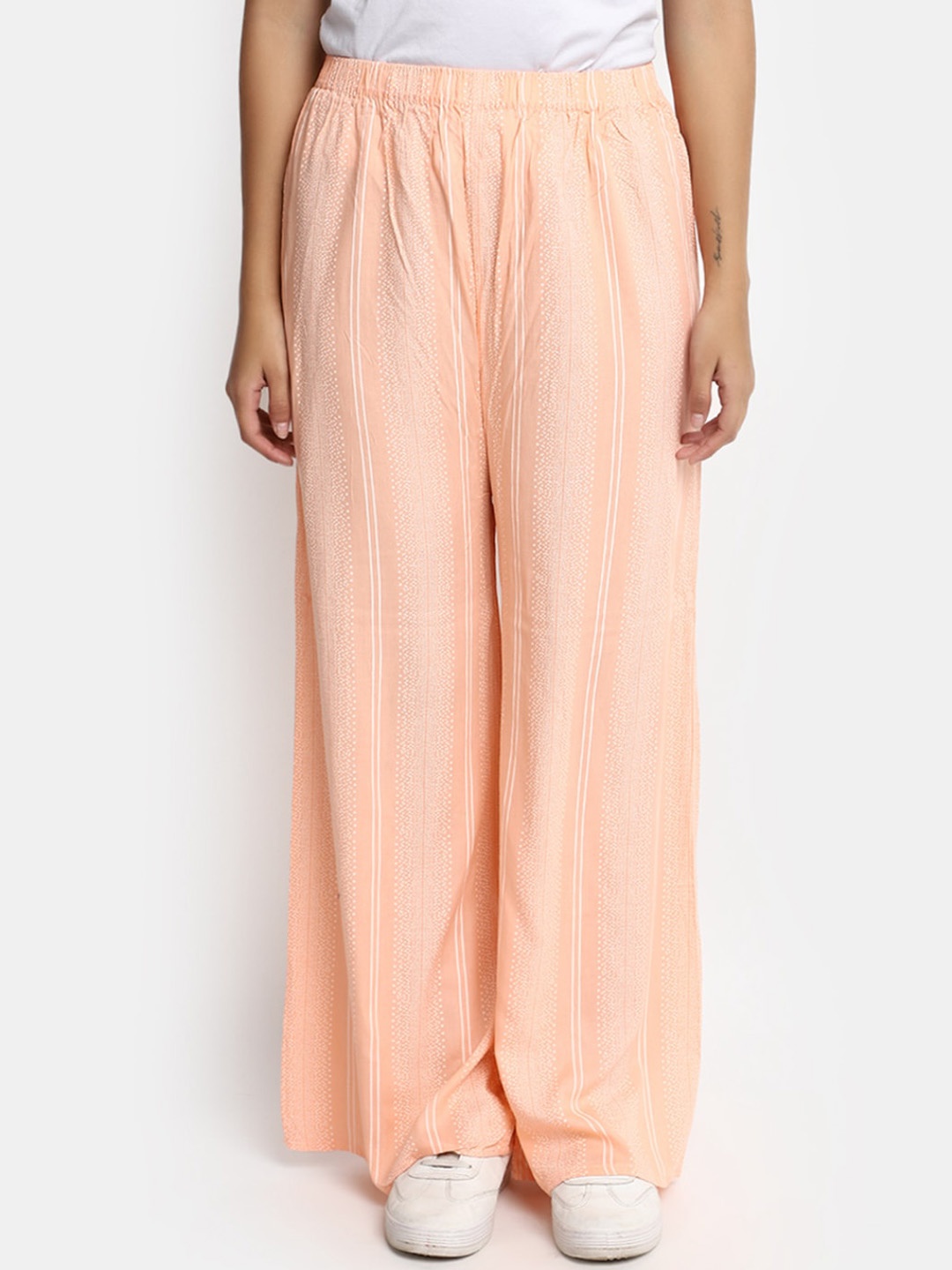 

V-Mart Women Striped Mid-Rise Trousers, Peach