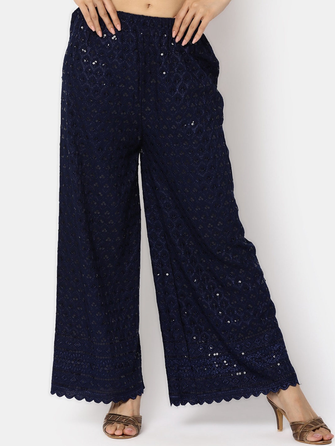 

V-Mart Women Embellished Mid Rise Trousers, Navy blue