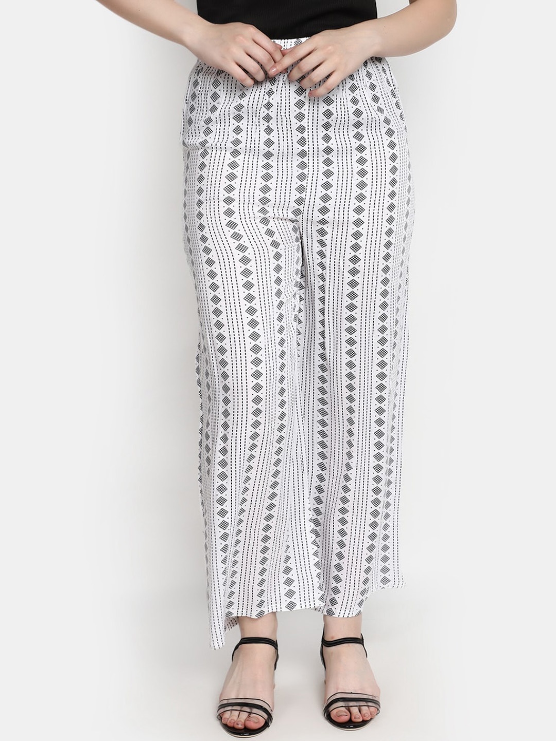 

V-Mart Women Geometric Printed Mid-Raise Parallel Trousers, White