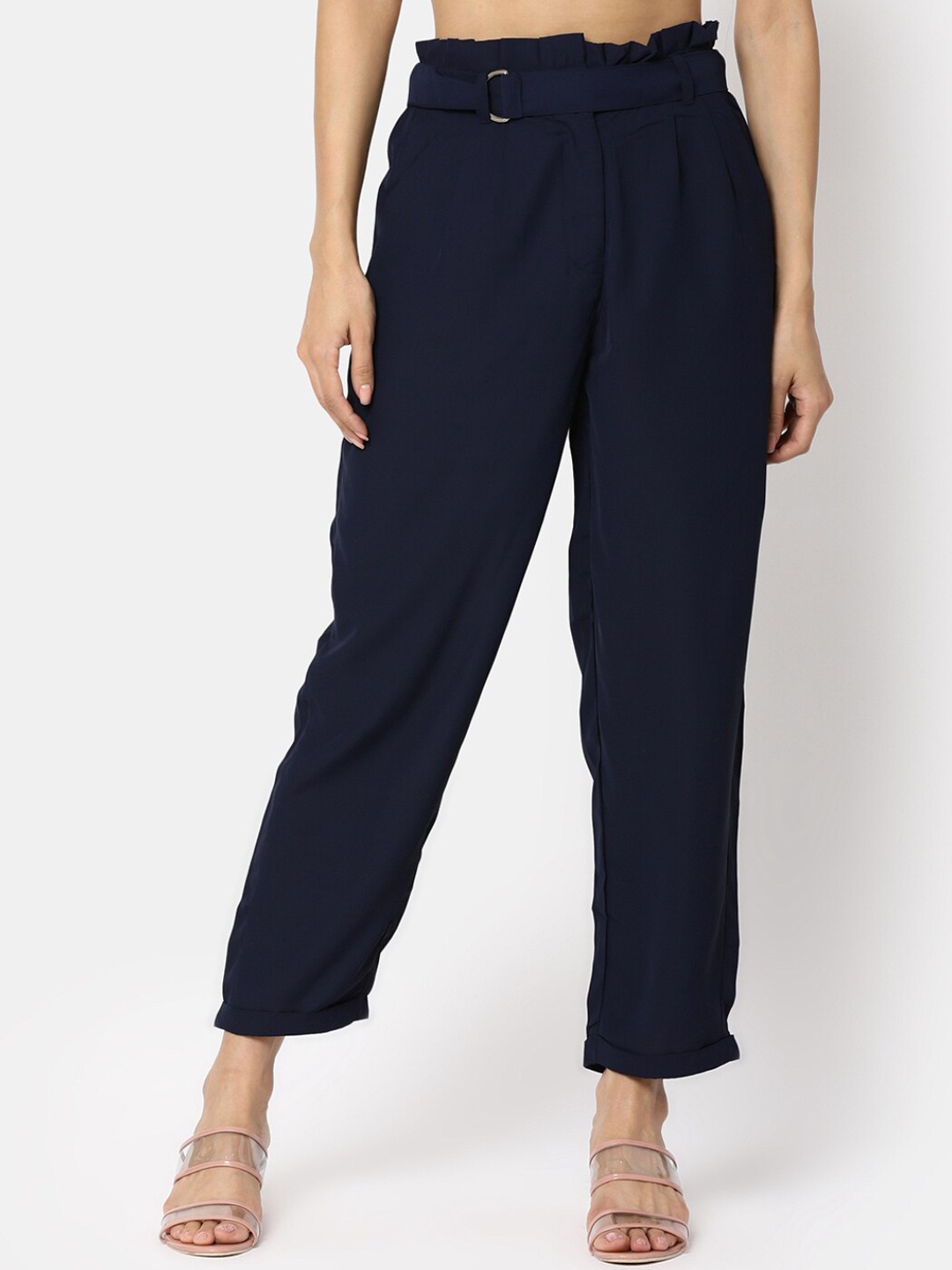 

V-Mart Women Mid-Raise Cotton Pleated Casual Trousers, Blue