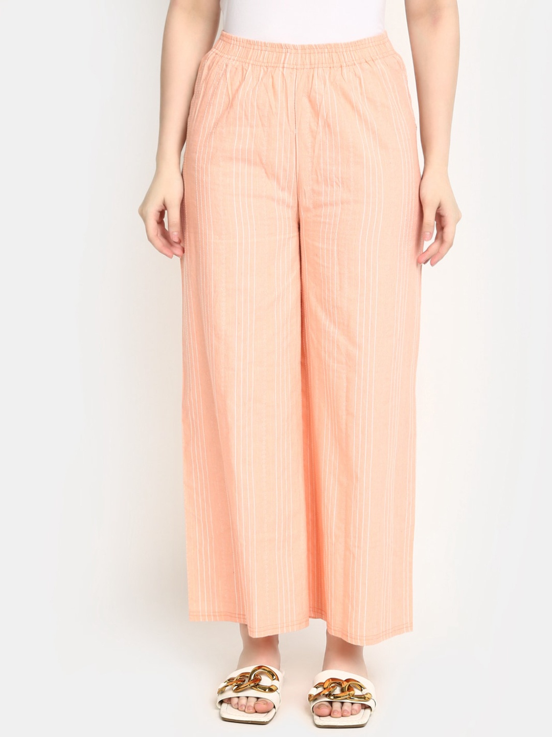 

V-Mart Women Striped Mid-Raise Cotton Parallel Trousers, Pink