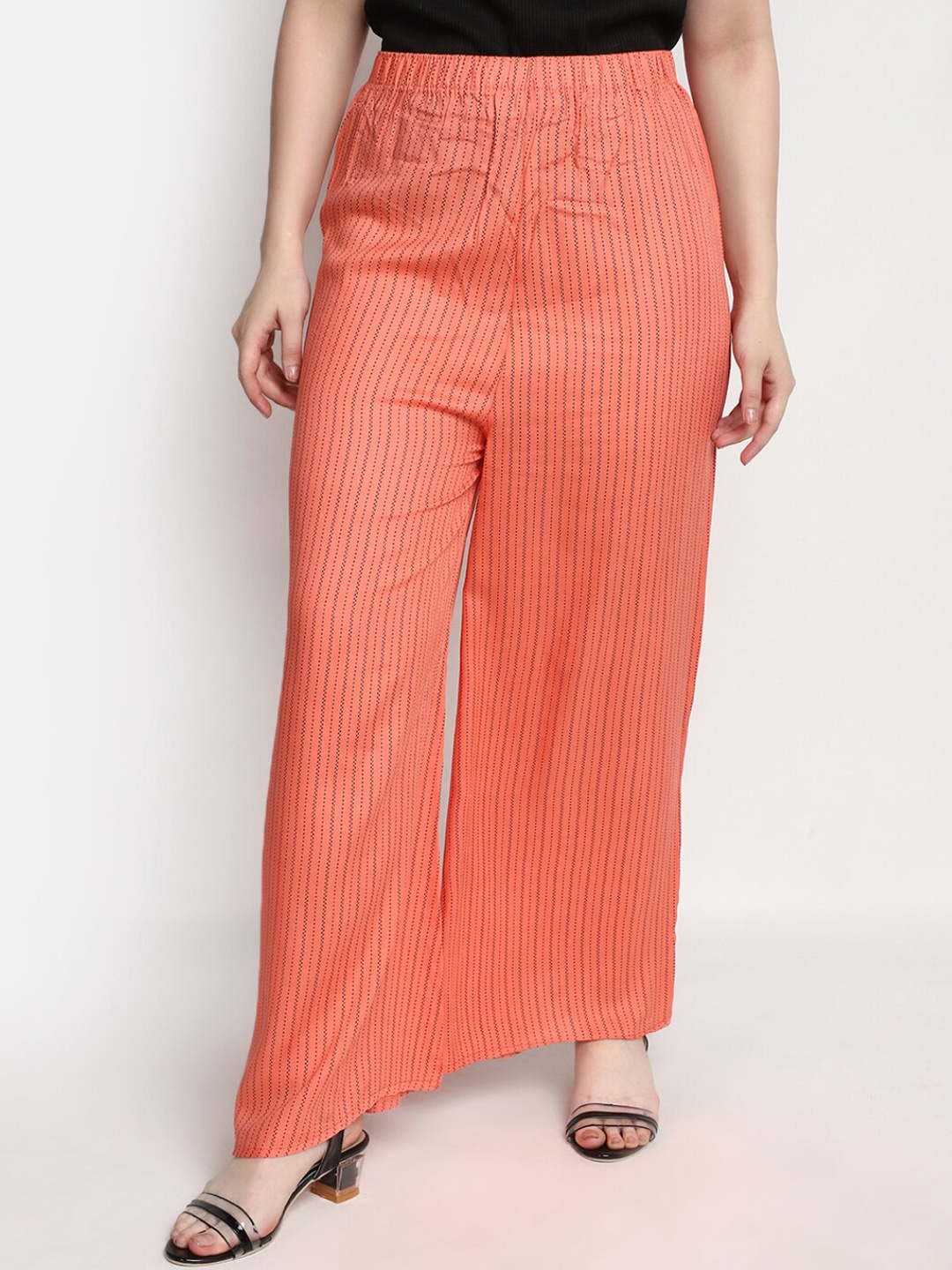 

V-Mart Women Striped Mid-Raise Regular Fit Parallel Trousers, Orange